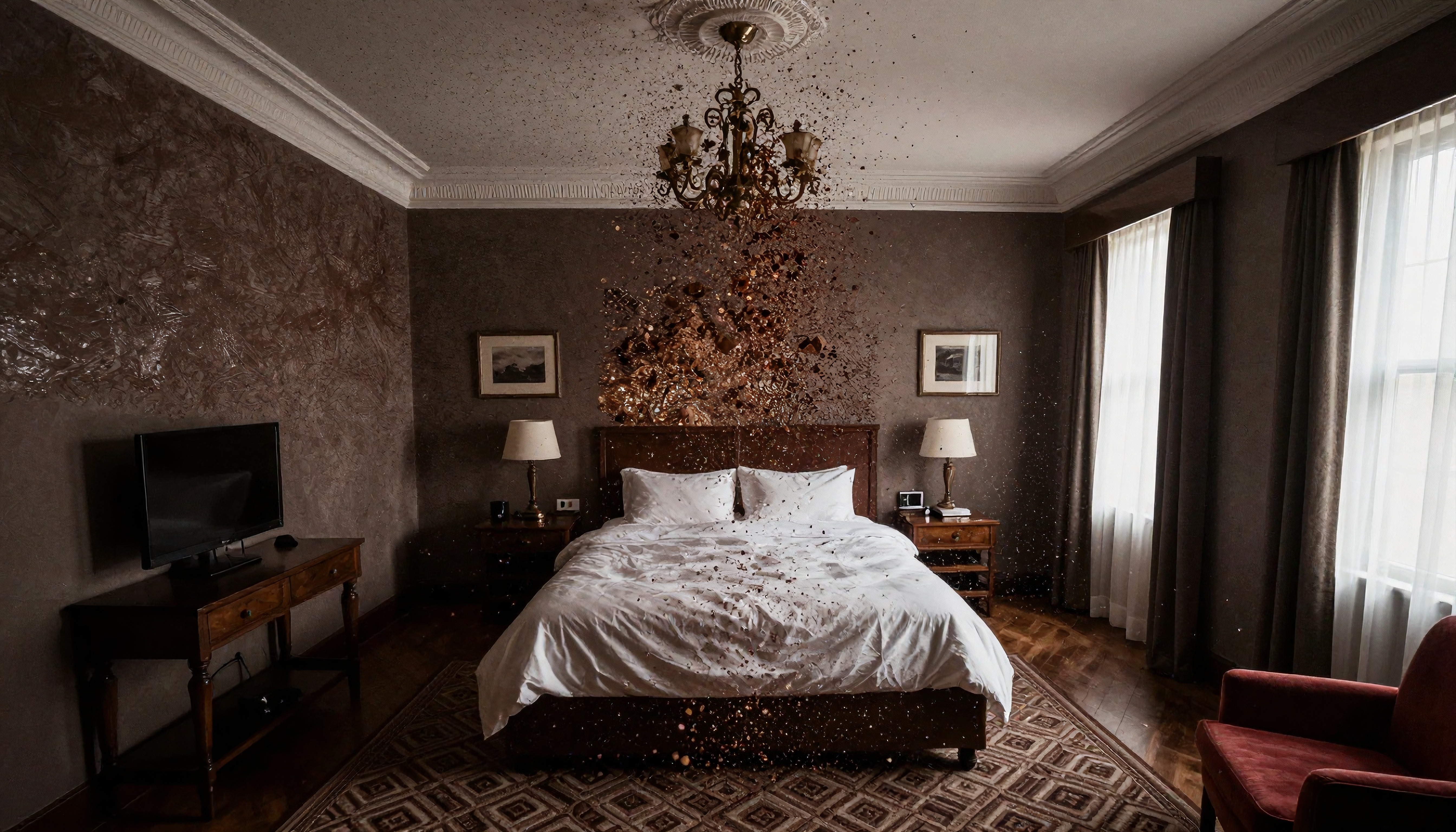 Luxurious hotel room with a mysterious explosion of dust adding intrigue.