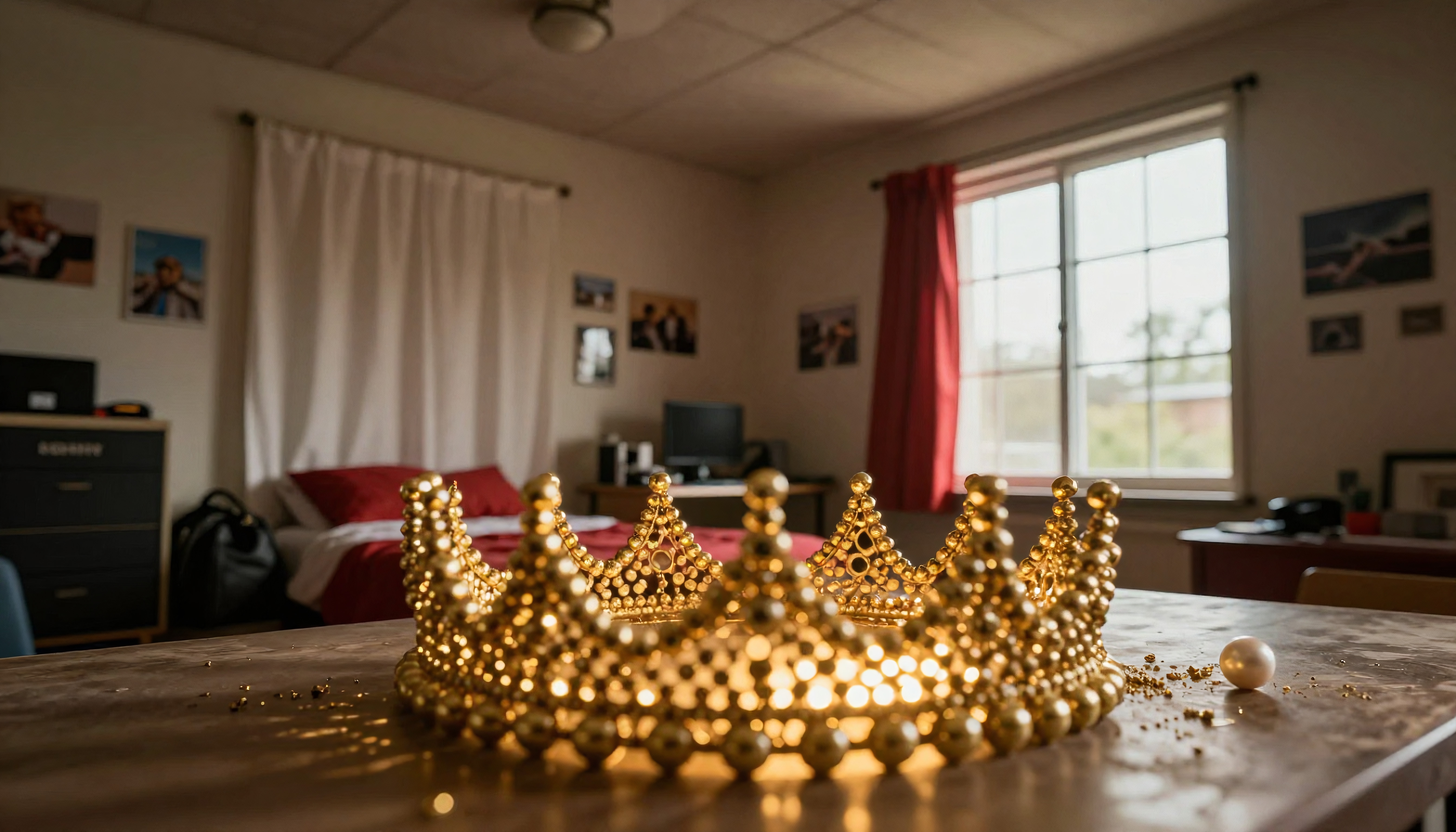 Golden crown with beads on a wooden table in sunlit room.