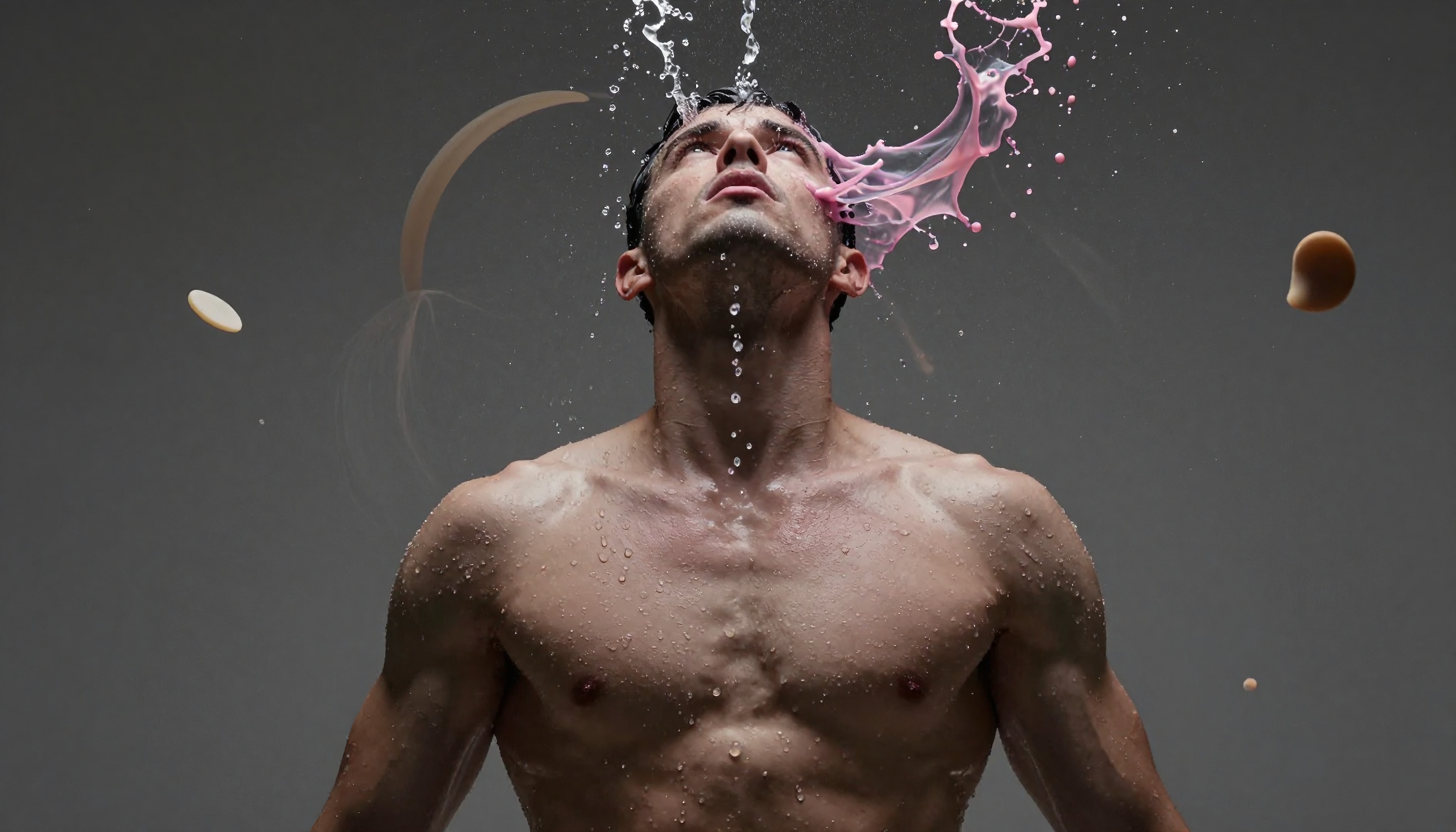 A man and liquids collide artistically in a dynamic splash.