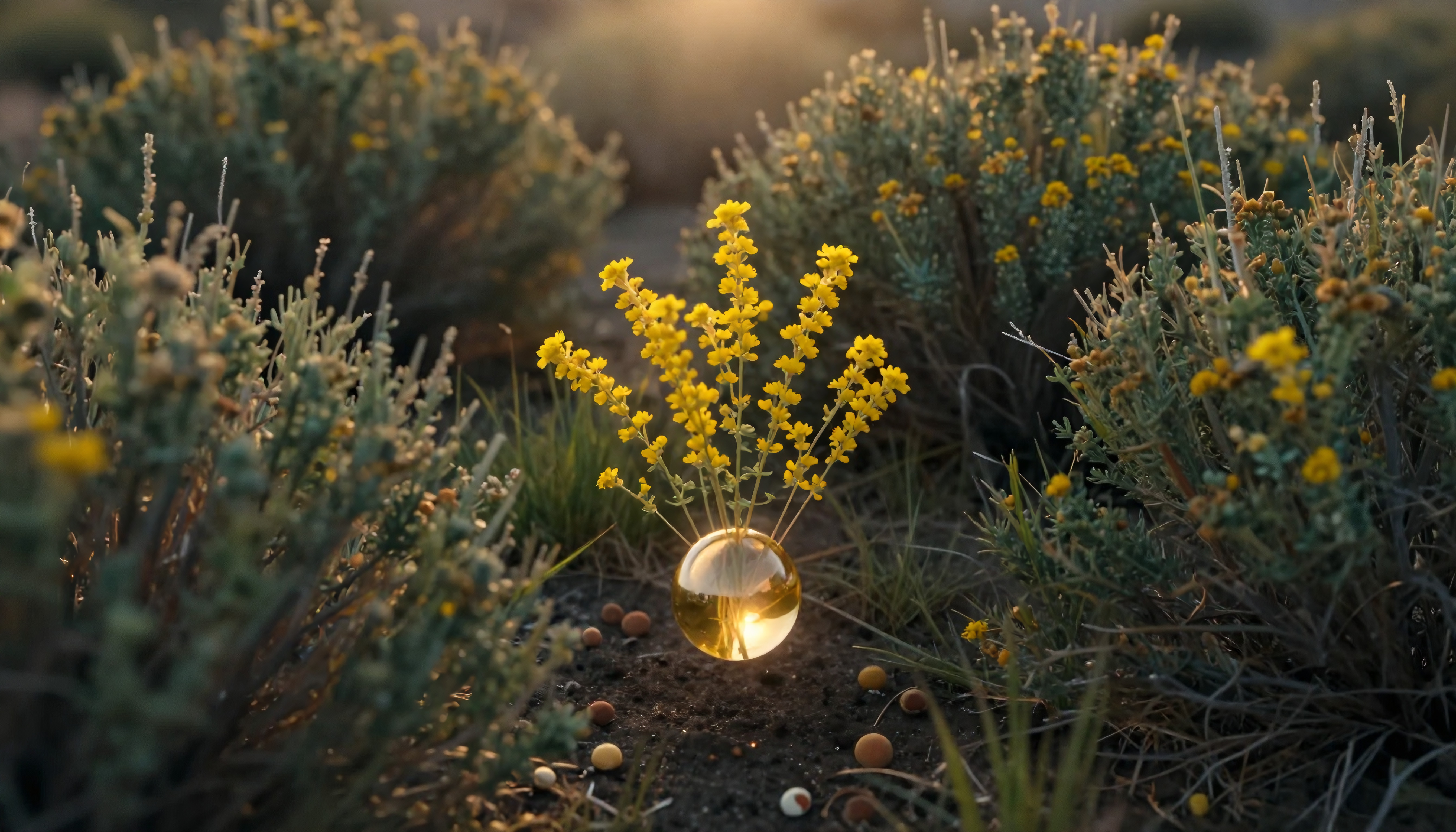 Glass Sphere with Yellow Flowers in Wildflower Field at Golden H
