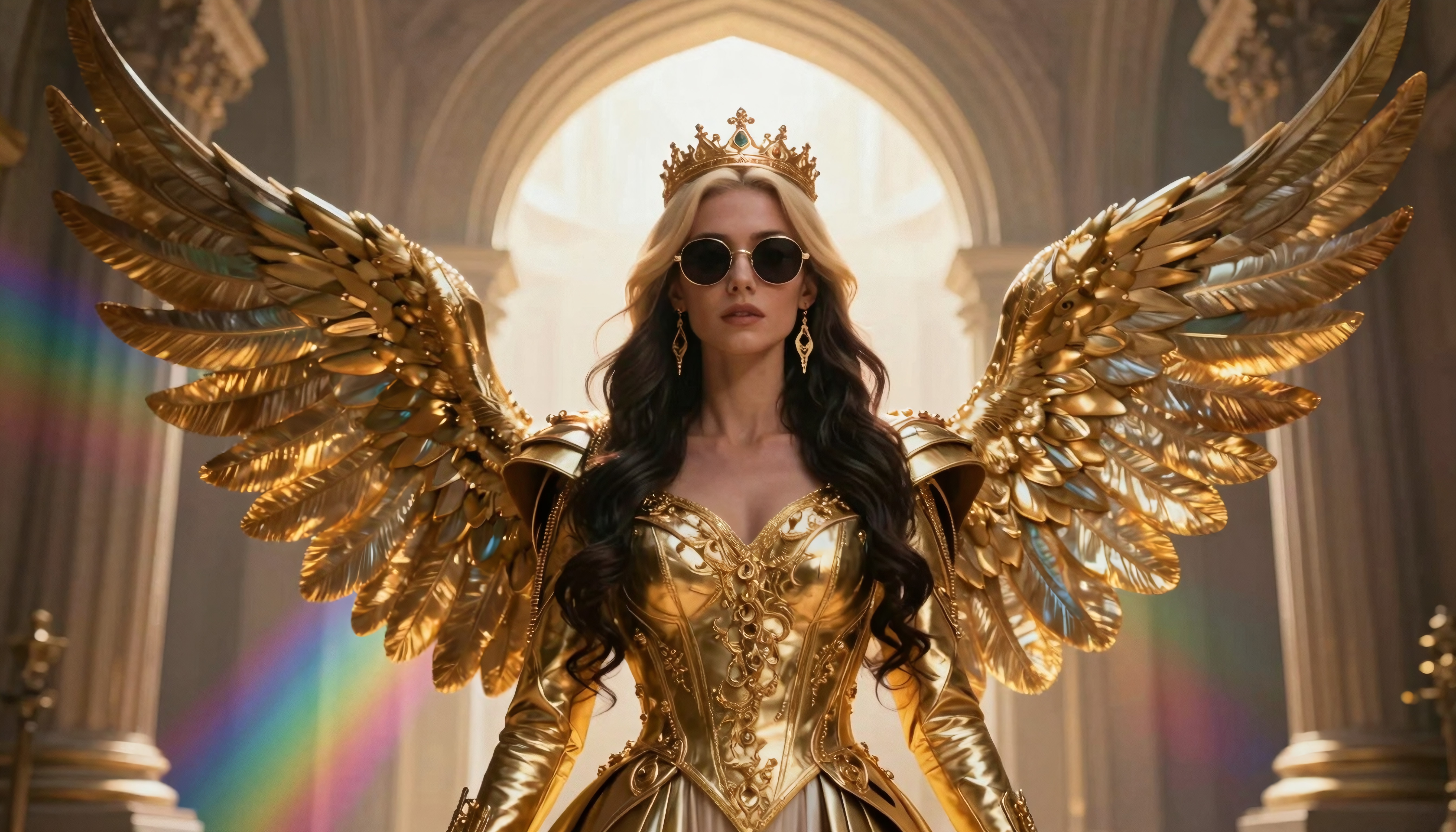 An angelic figure in golden armor stands regally, with metallic wings and a crown, in a majestic architectural setting, enhanced by rainbow light.