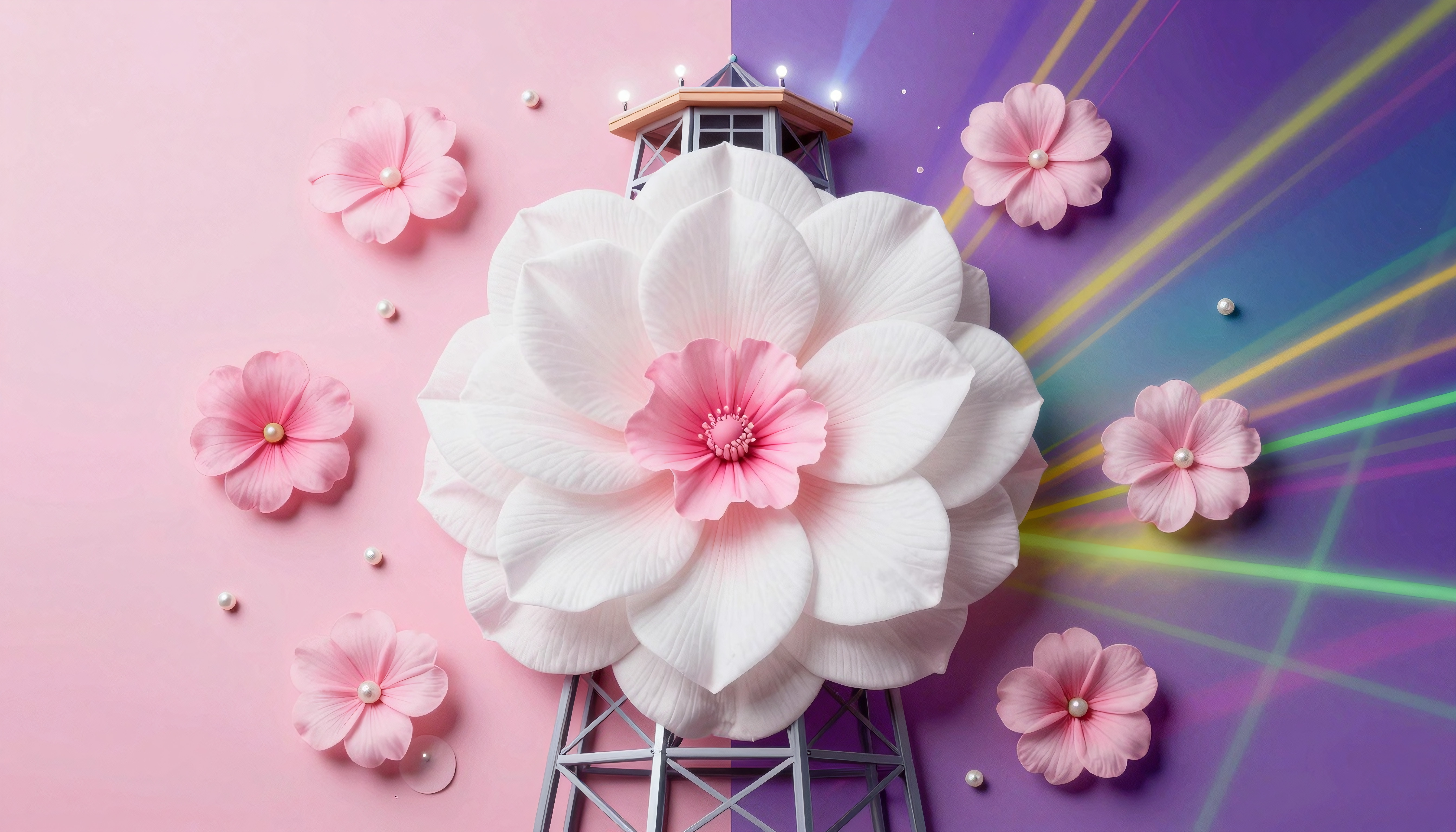 A large white and pink flower mimics a lighthouse, surrounded by smaller pink flowers and pearls on a split pastel background with colorful light streaks.