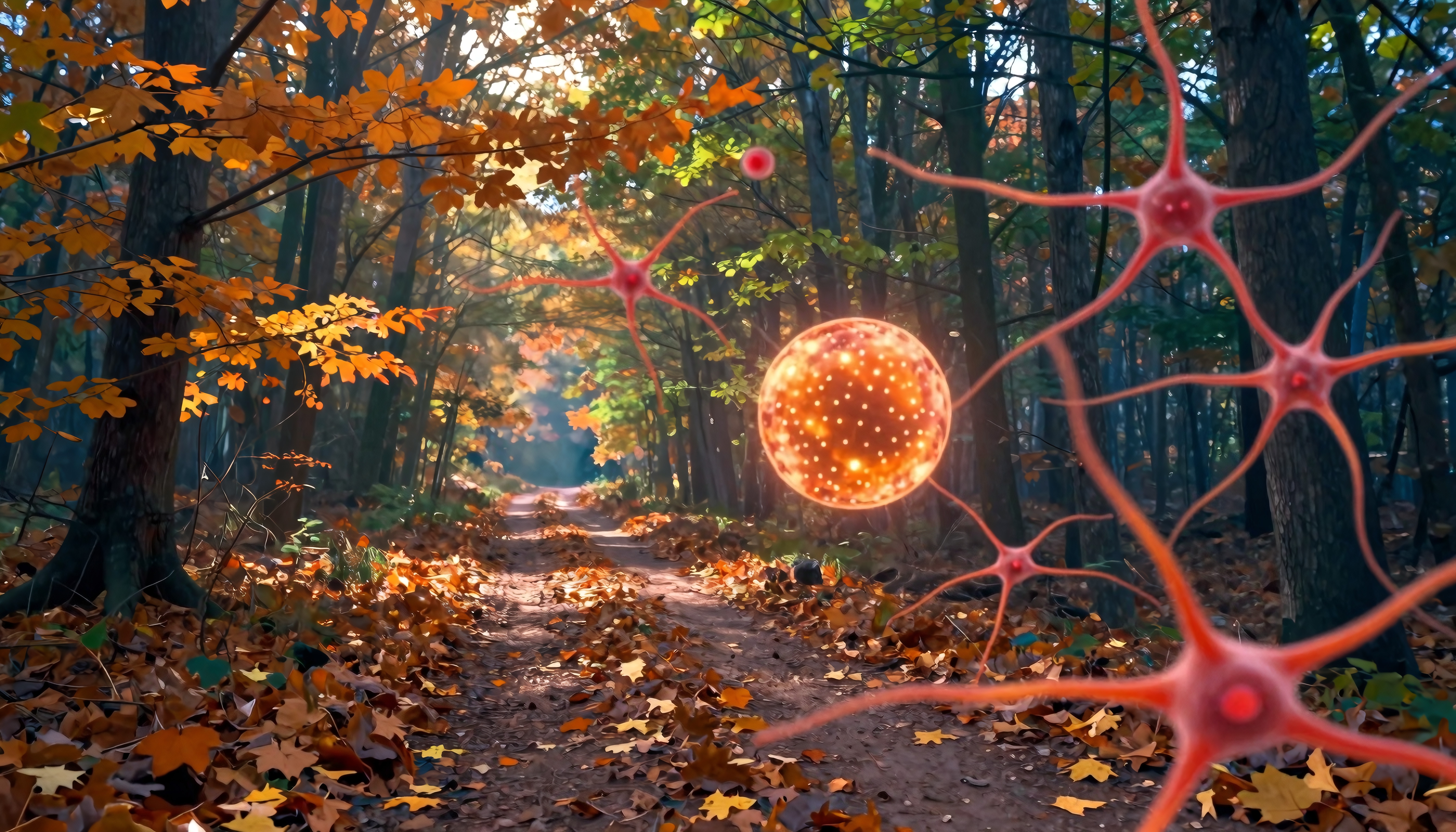 Floating neurons alongside an autumn-colored forest path in the sunlit woods.