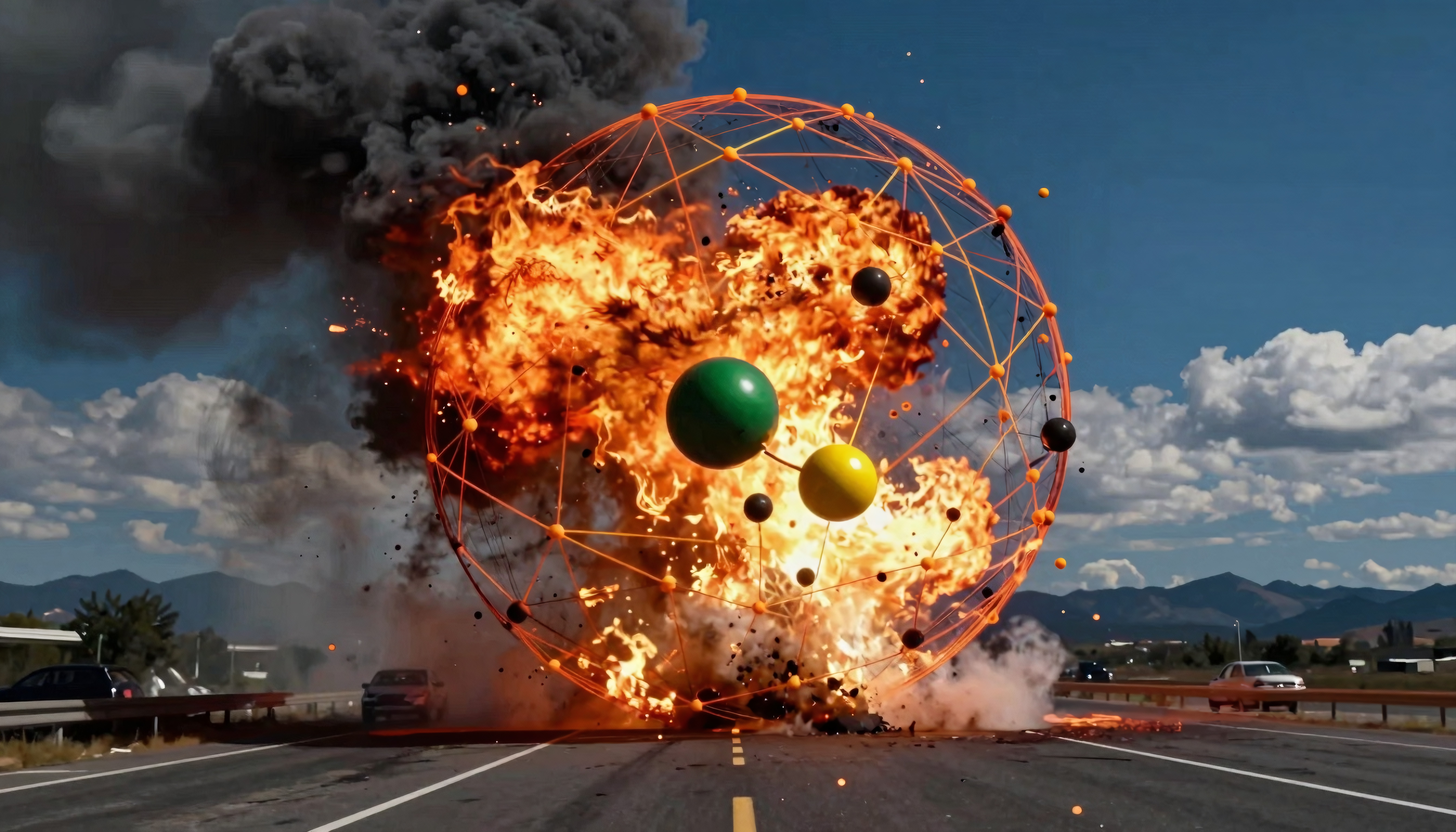 Spherical Wireframe Explosion on Highway with Fire and Smoke