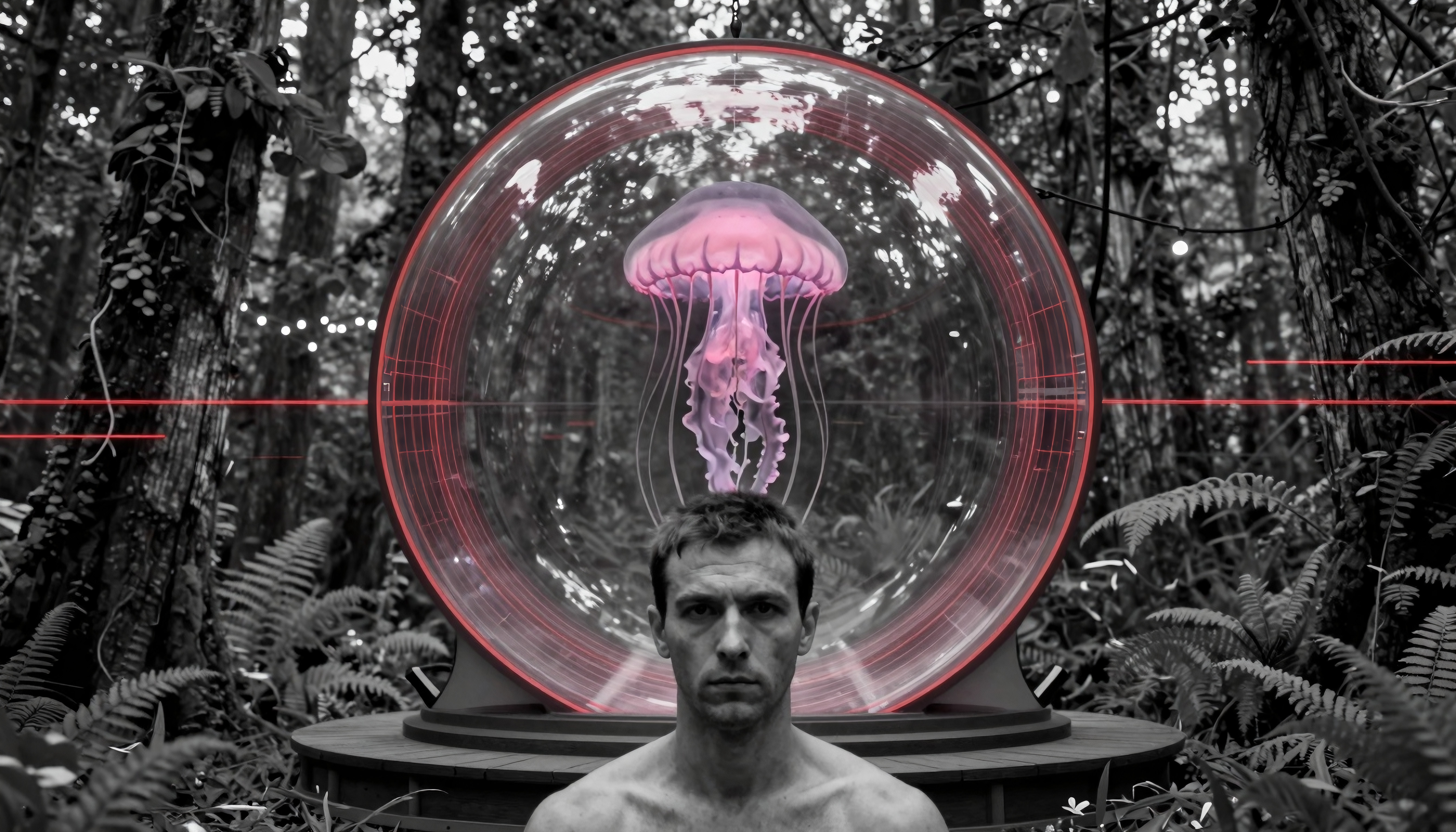 A man stands before a futuristic sphere containing a glowing jellyfish in a forest setting.