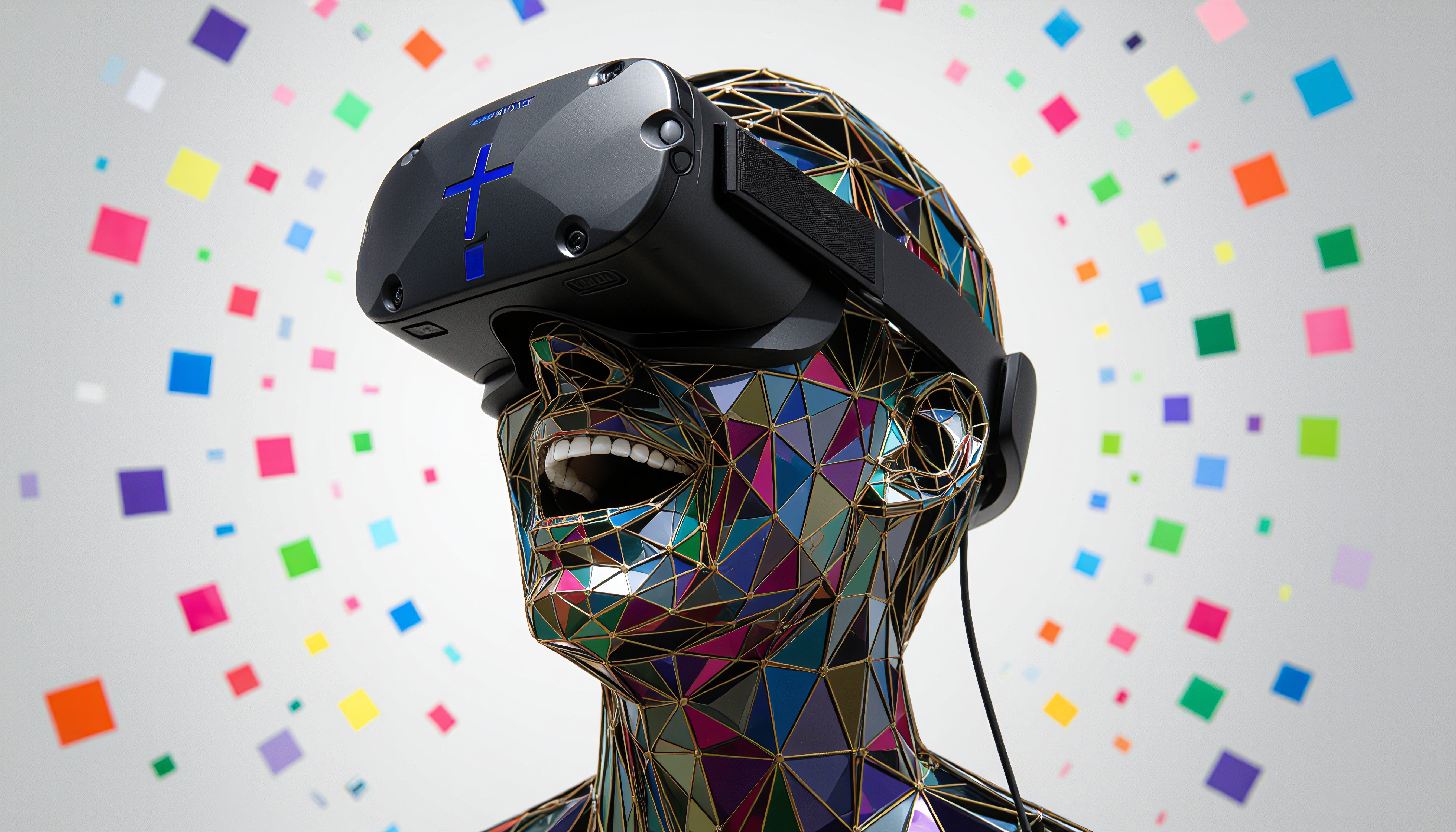 Colorful geometric figure with VR headset, illustrating the excitement of digital immersion with vibrant square patterns in the background.