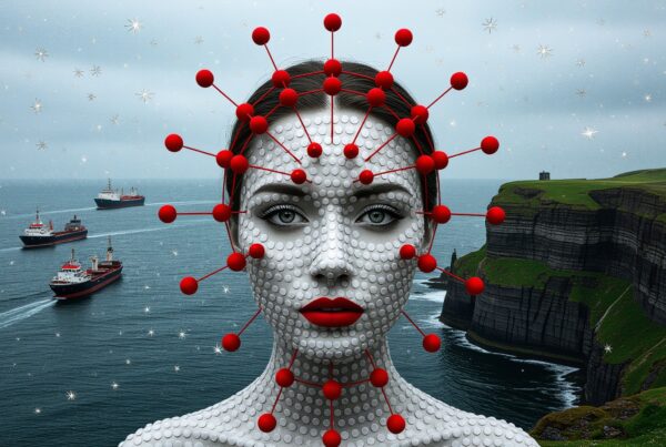 Futuristic woman with dot-covered skin and red neural connections standing before sea cliffs with ships sailing beneath a starry sky