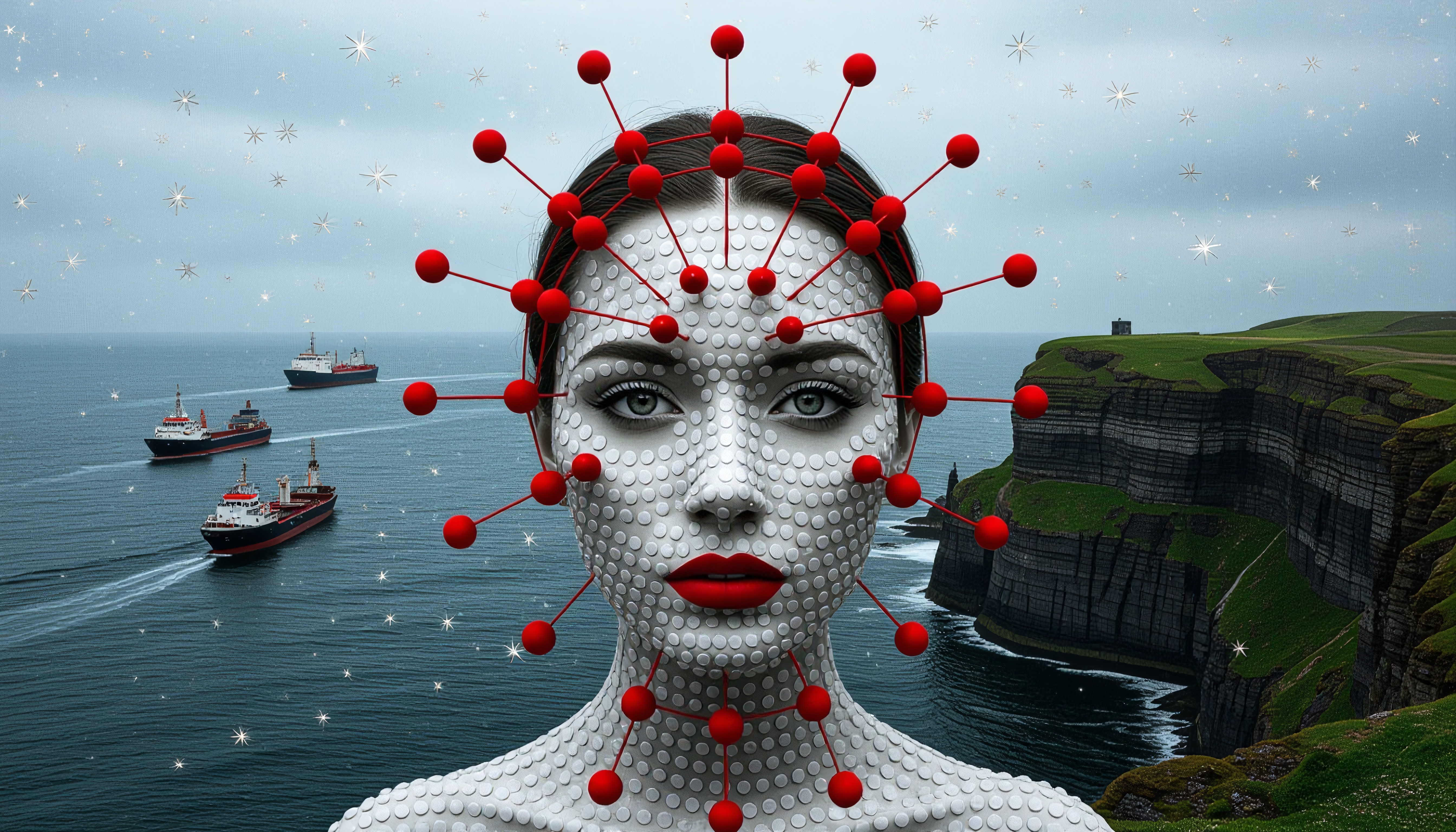 Futuristic woman with dot-covered skin and red neural connections standing before sea cliffs with ships sailing beneath a starry sky