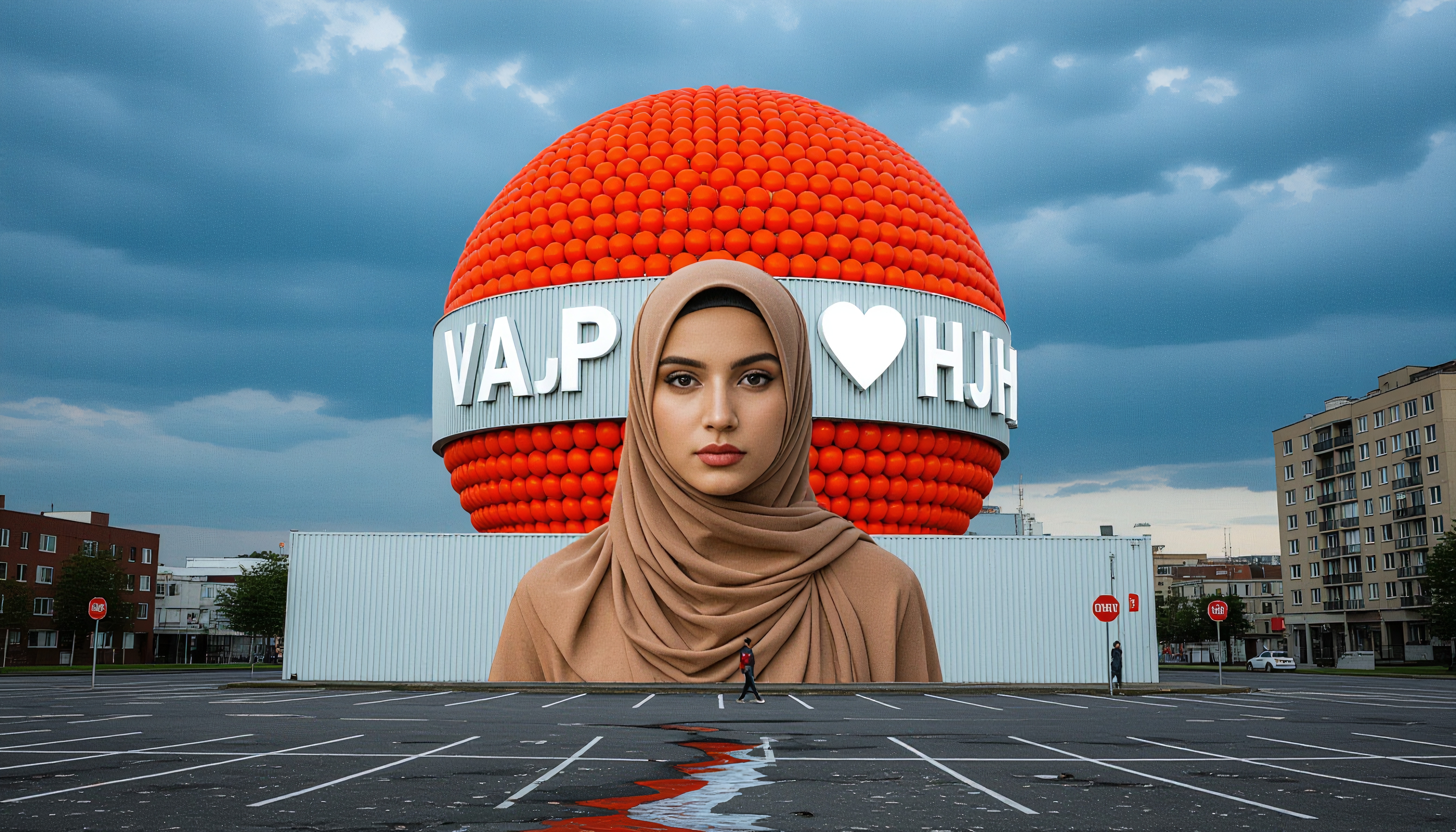 A large mural covers a building under a cloudy sky.