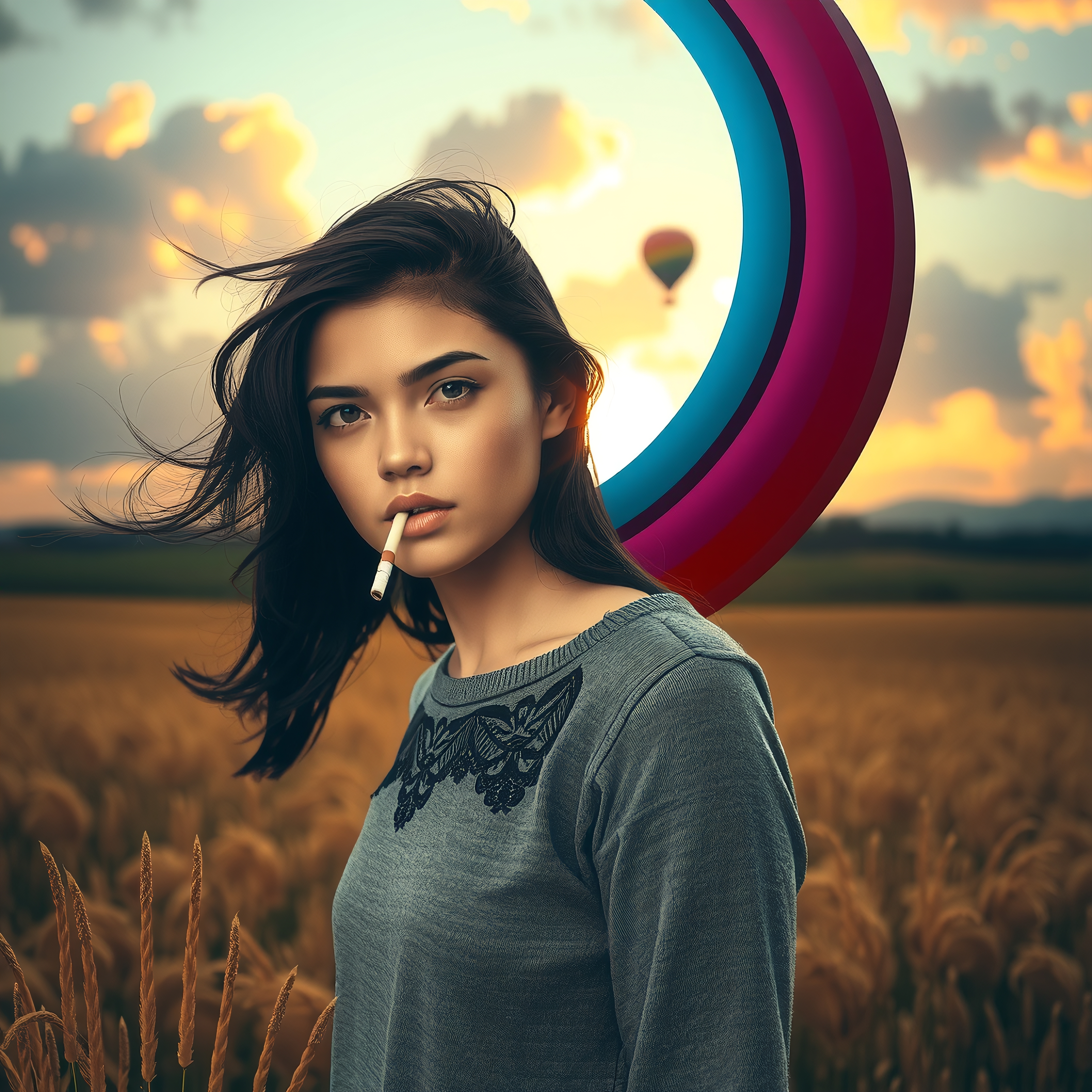 A young woman stands in a wheat field at sunset with a colorful crescent graphic behind her, holding a contemplative gaze.