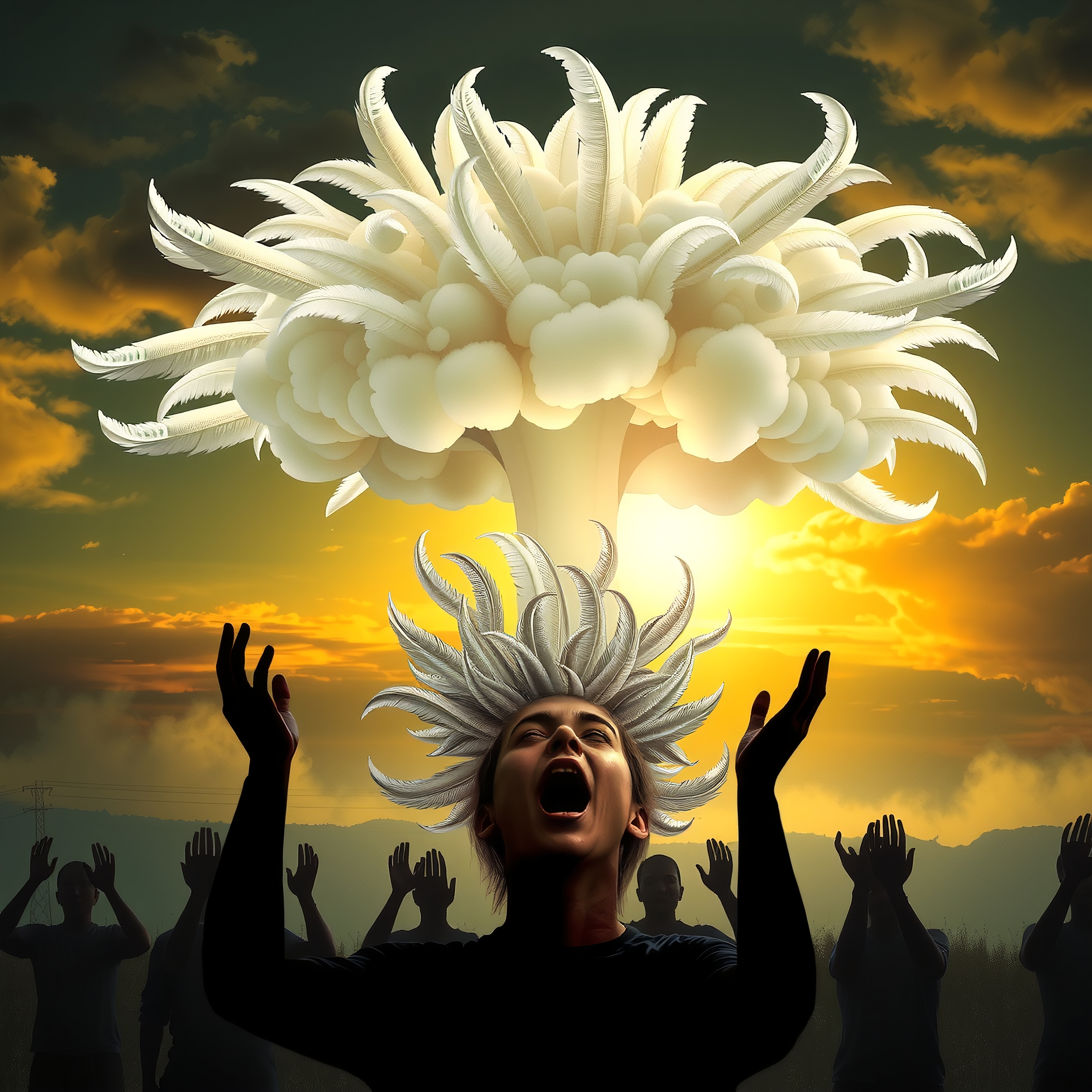 Surreal image of a person beneath a feathered explosion cloud with silhouettes in awe.