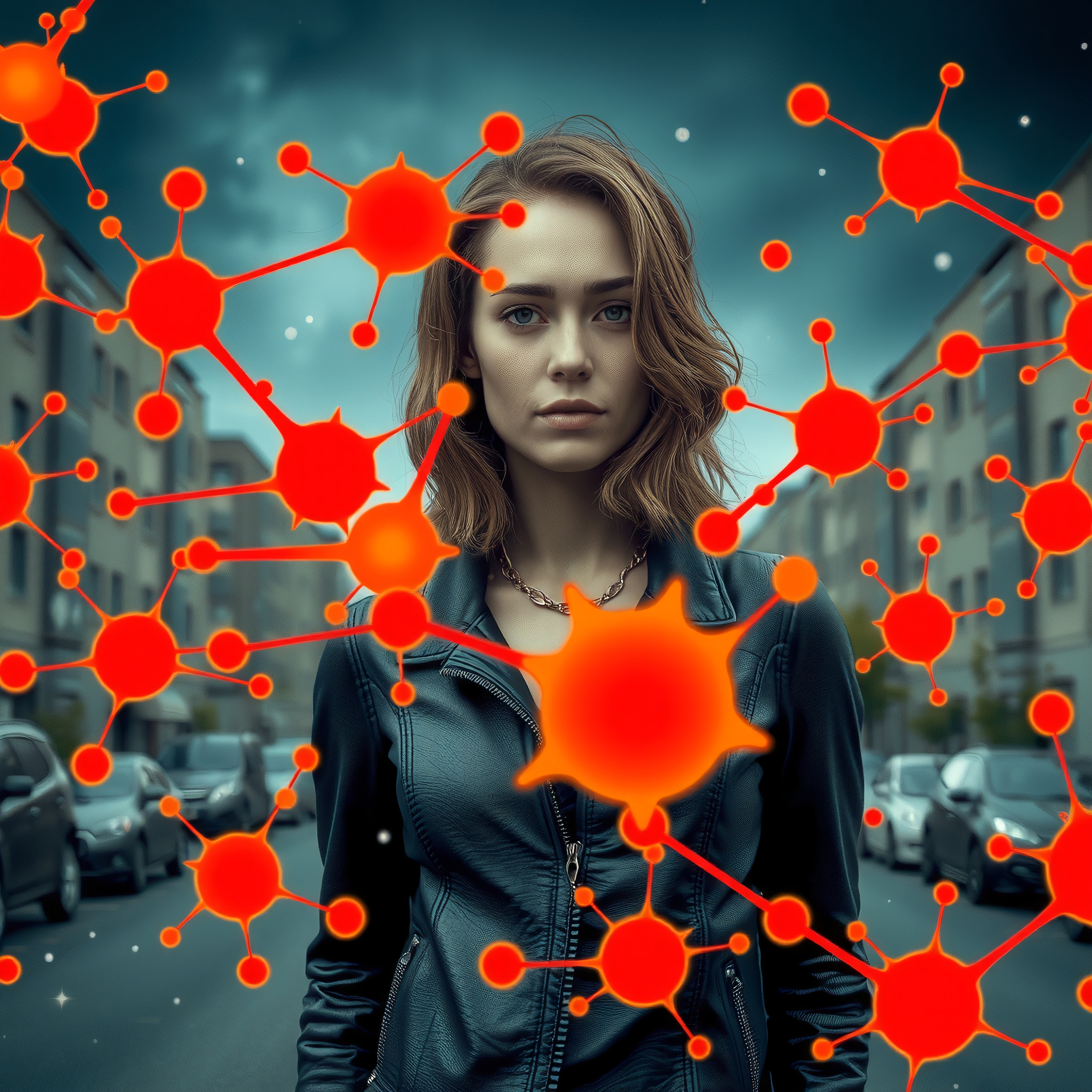 A young woman with a serious expression stands in an urban street, surrounded by a network of vivid red nodes, creating a blend of digital and real-world elements in the image.