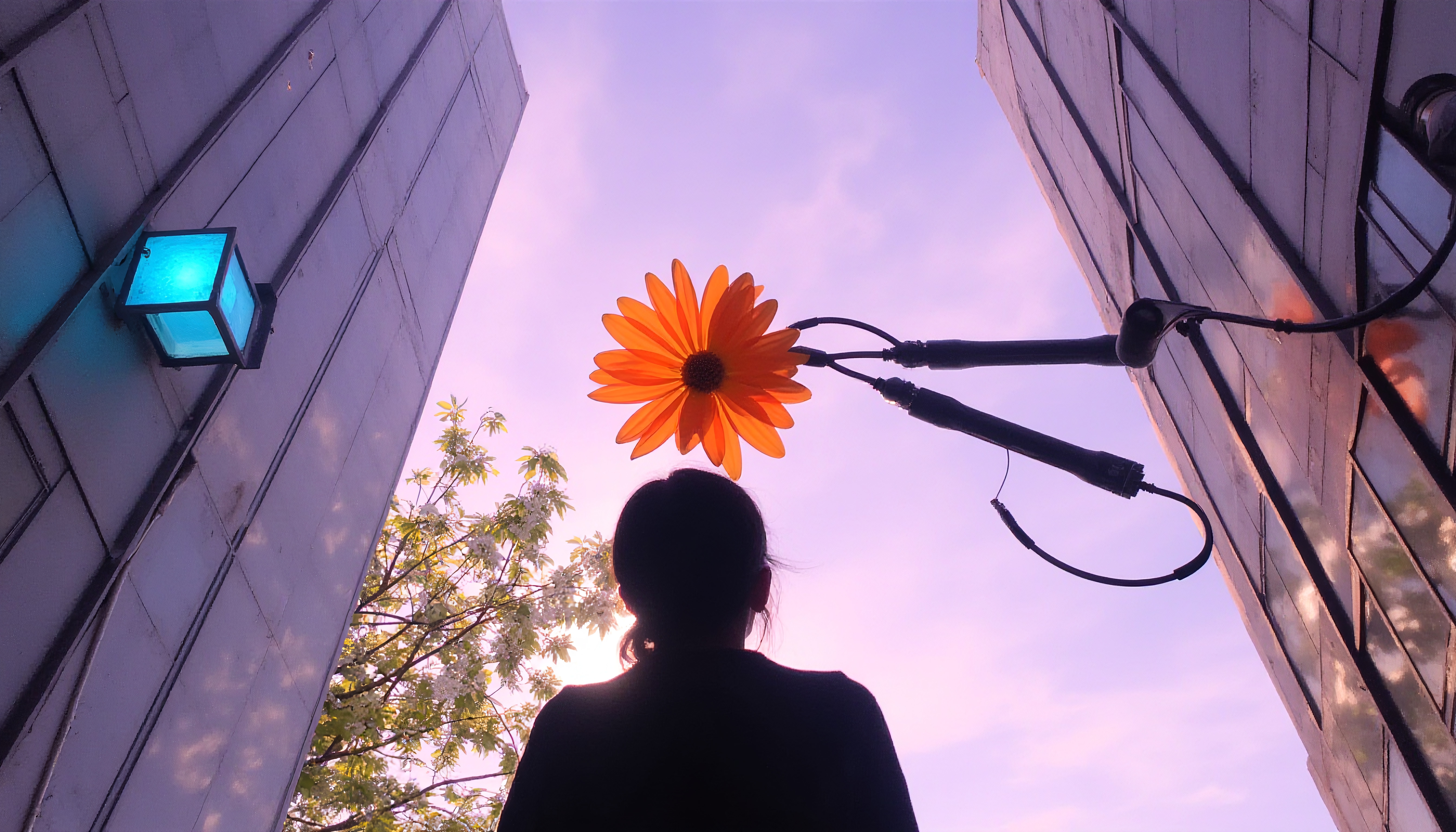 Silhouetted person beneath giant flower.
