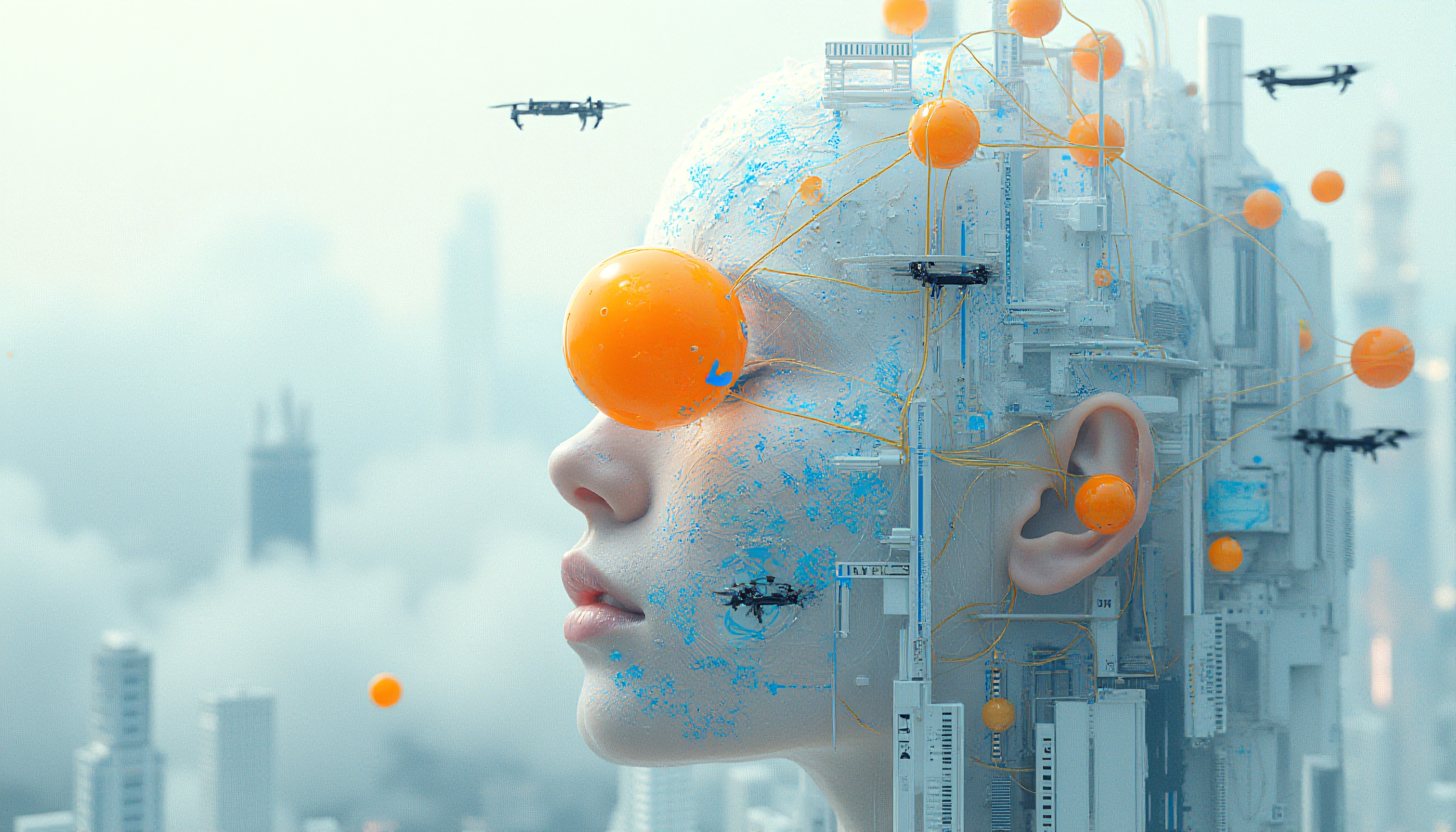 A humanoid figure integrated with cityscape, illustrating a futuristic blend of organic and technological elements.
