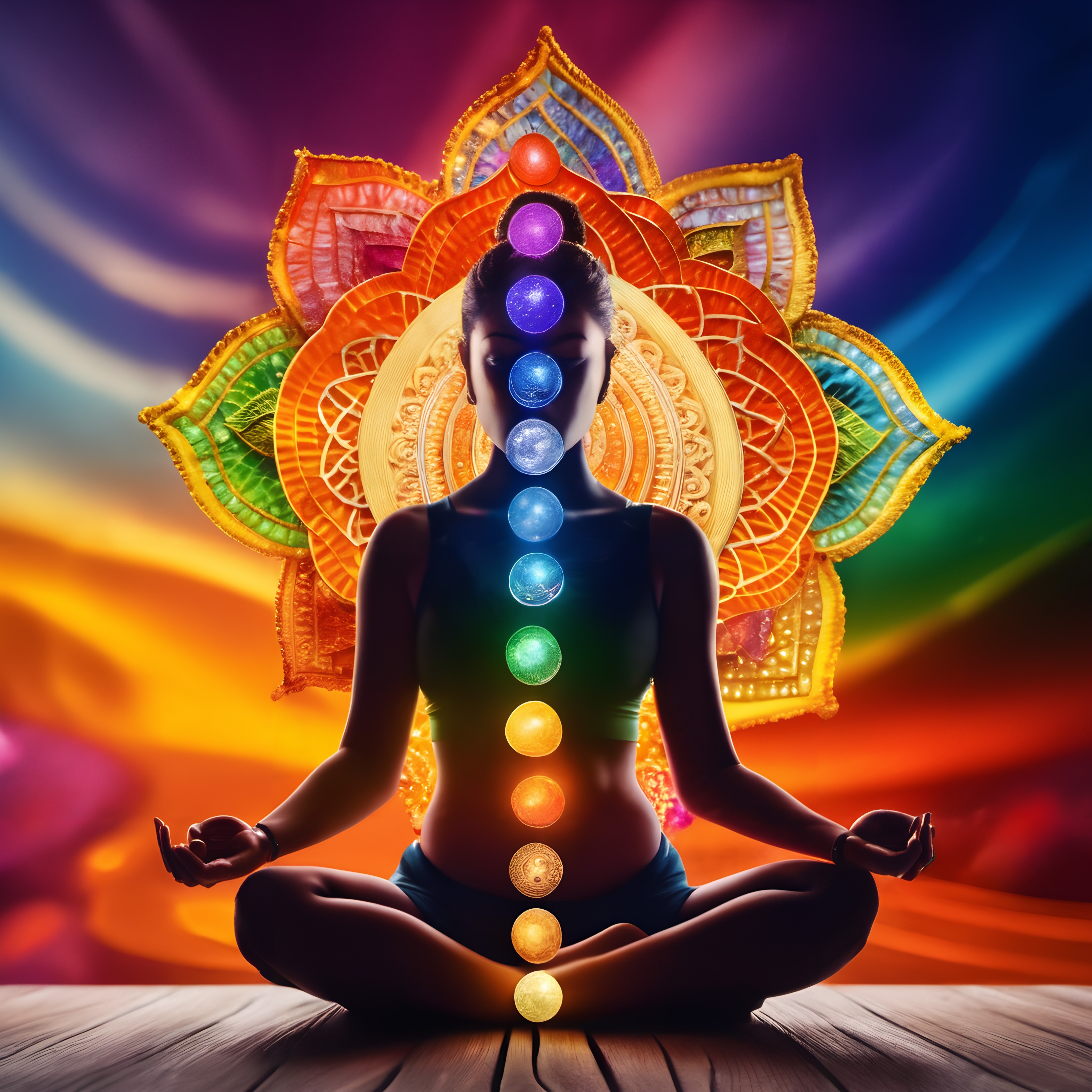 Meditative Figure with Chakra Symbols and Mandala Background