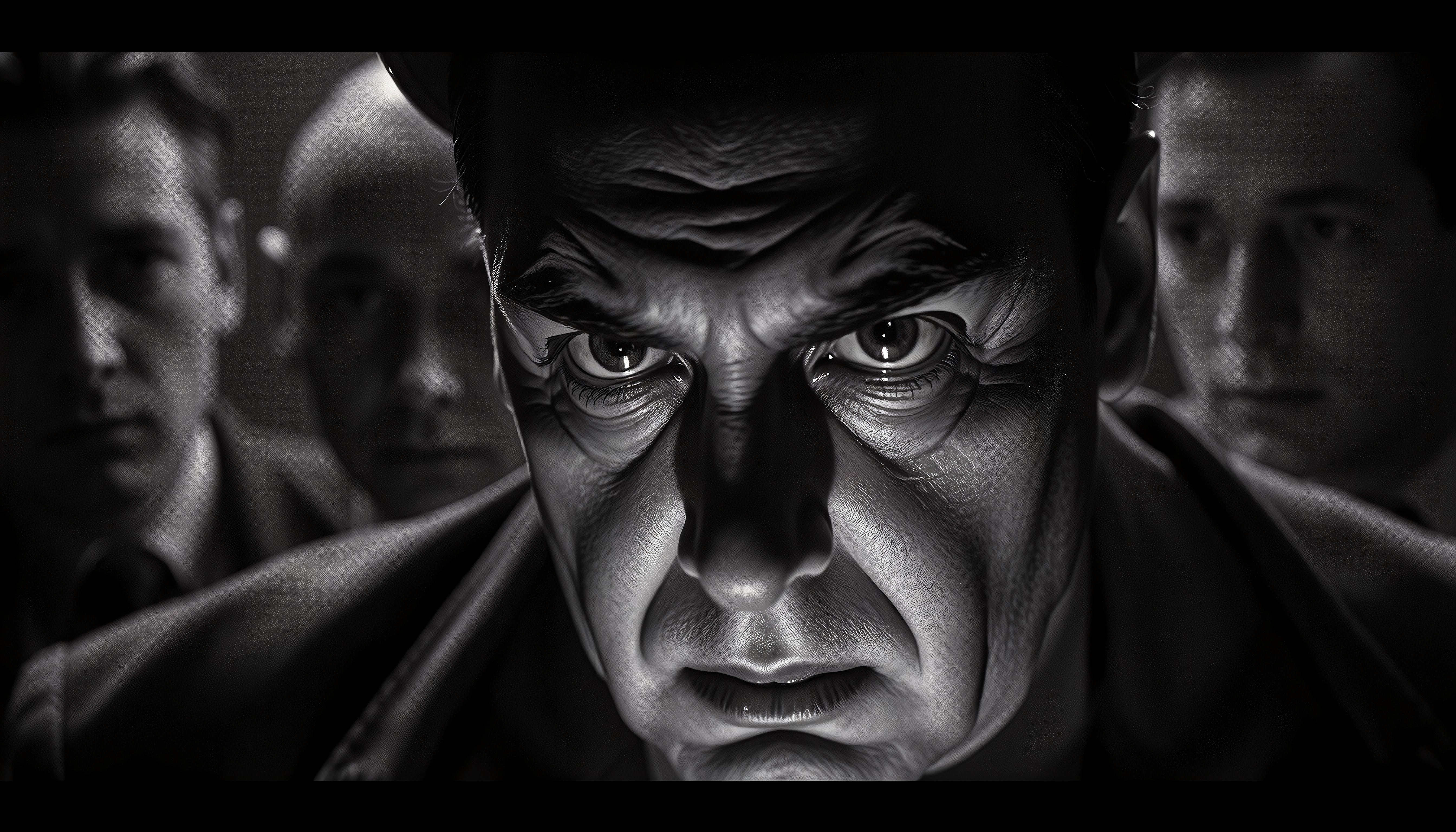 Dramatic Black-and-White Portrait of a Man with Background Figur