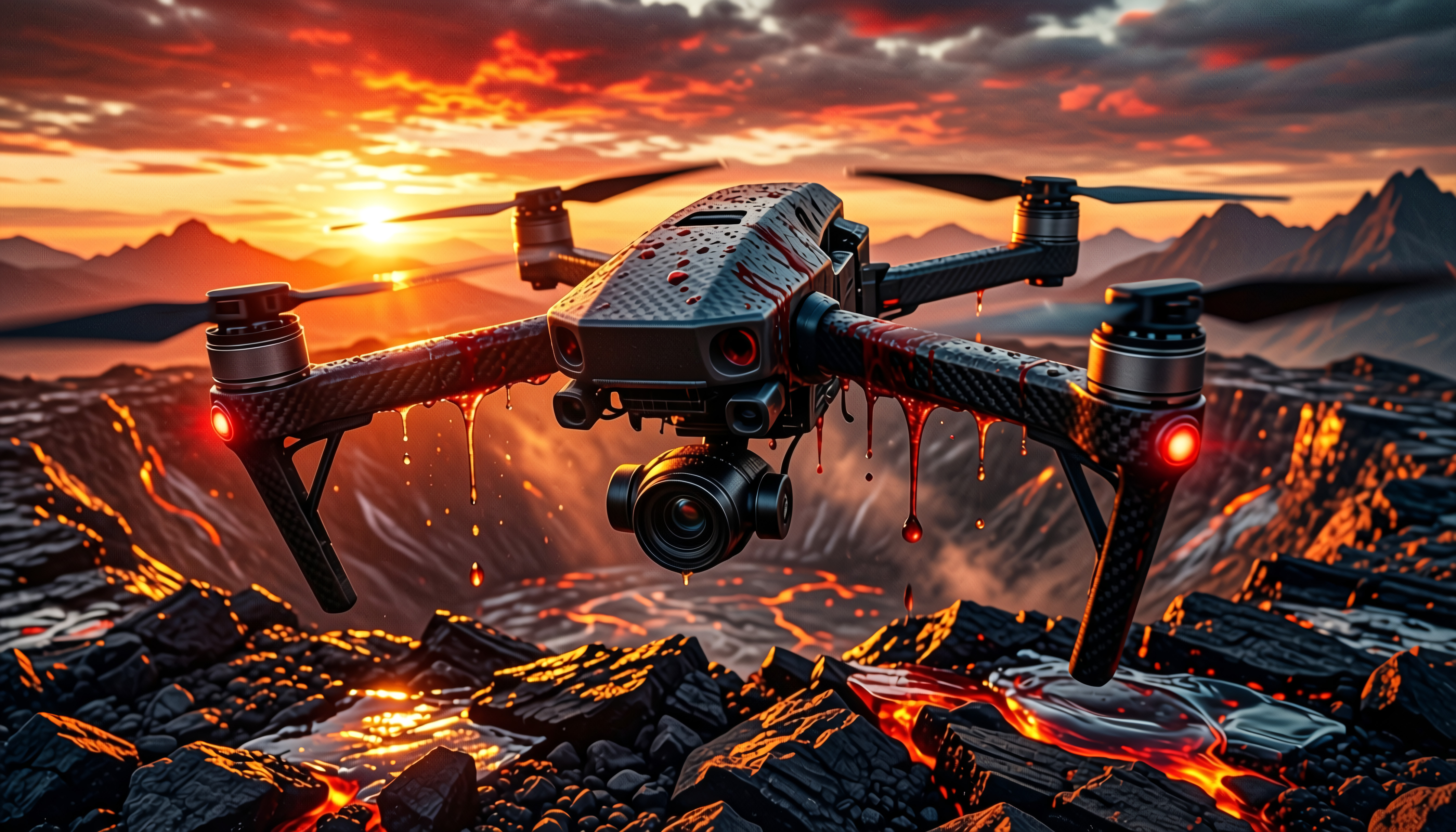 Drone Hovering Over Volcanic Lava Field at Sunset with Blood-lik