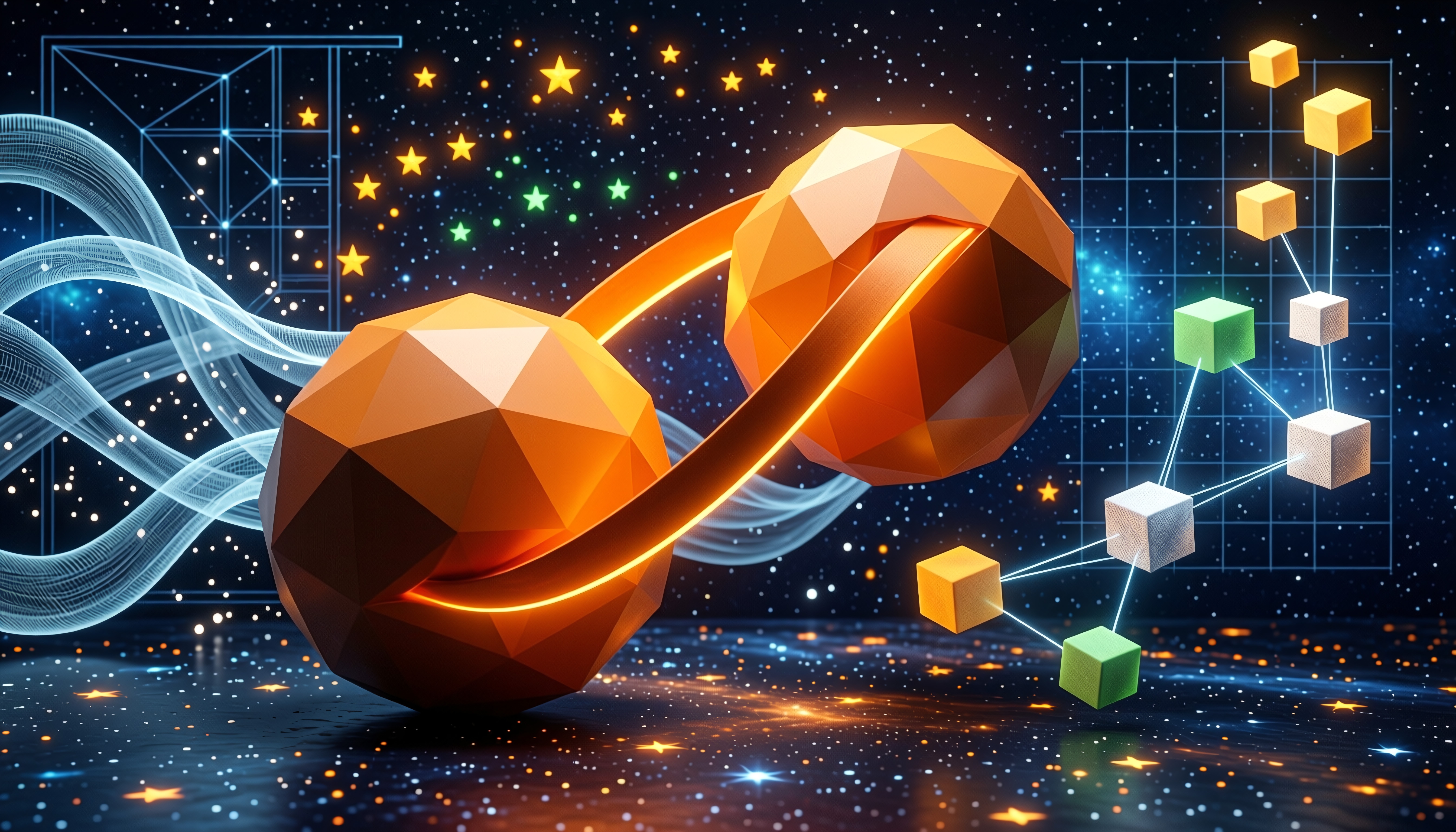Futuristic geometric shapes with cosmic elements and interconnected cubes.