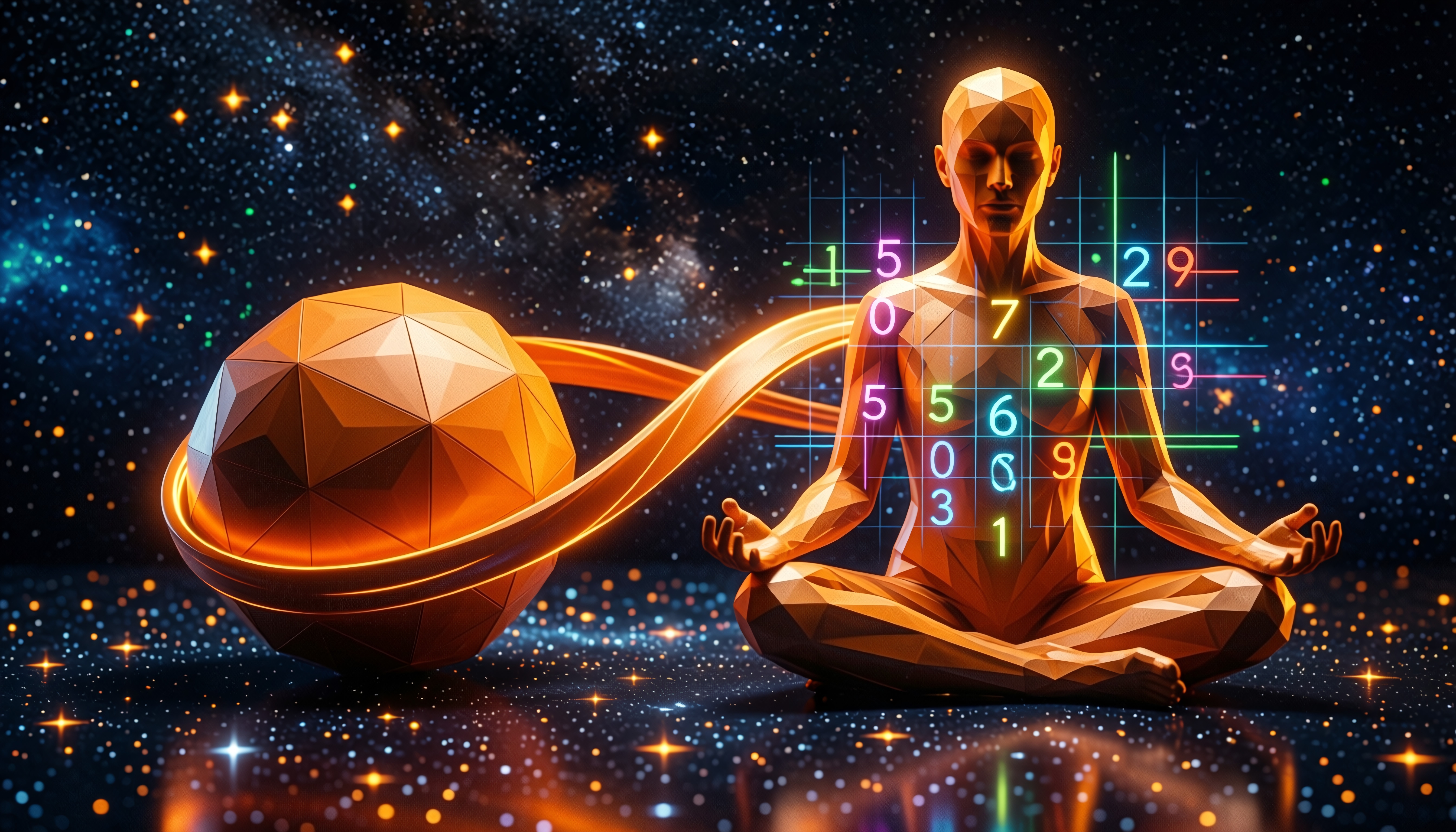 A polygonal figure meditates with a grid of numbers in a starry cosmos.