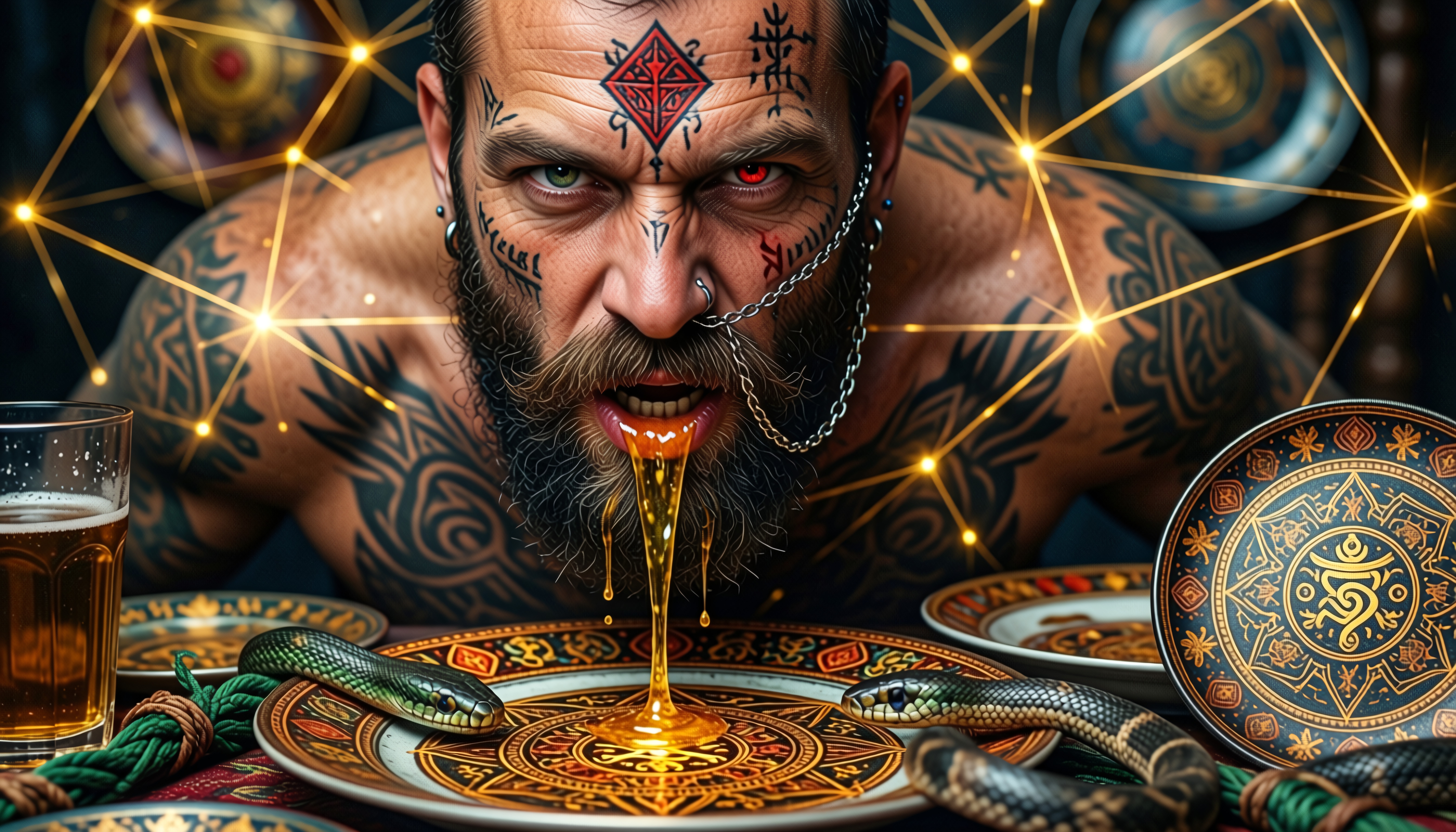 An intensely tattooed man with heterochromatic eyes performs a mystical ritual as golden liquid flows onto a decorated plate, surrounded by geometric patterns and a snake.