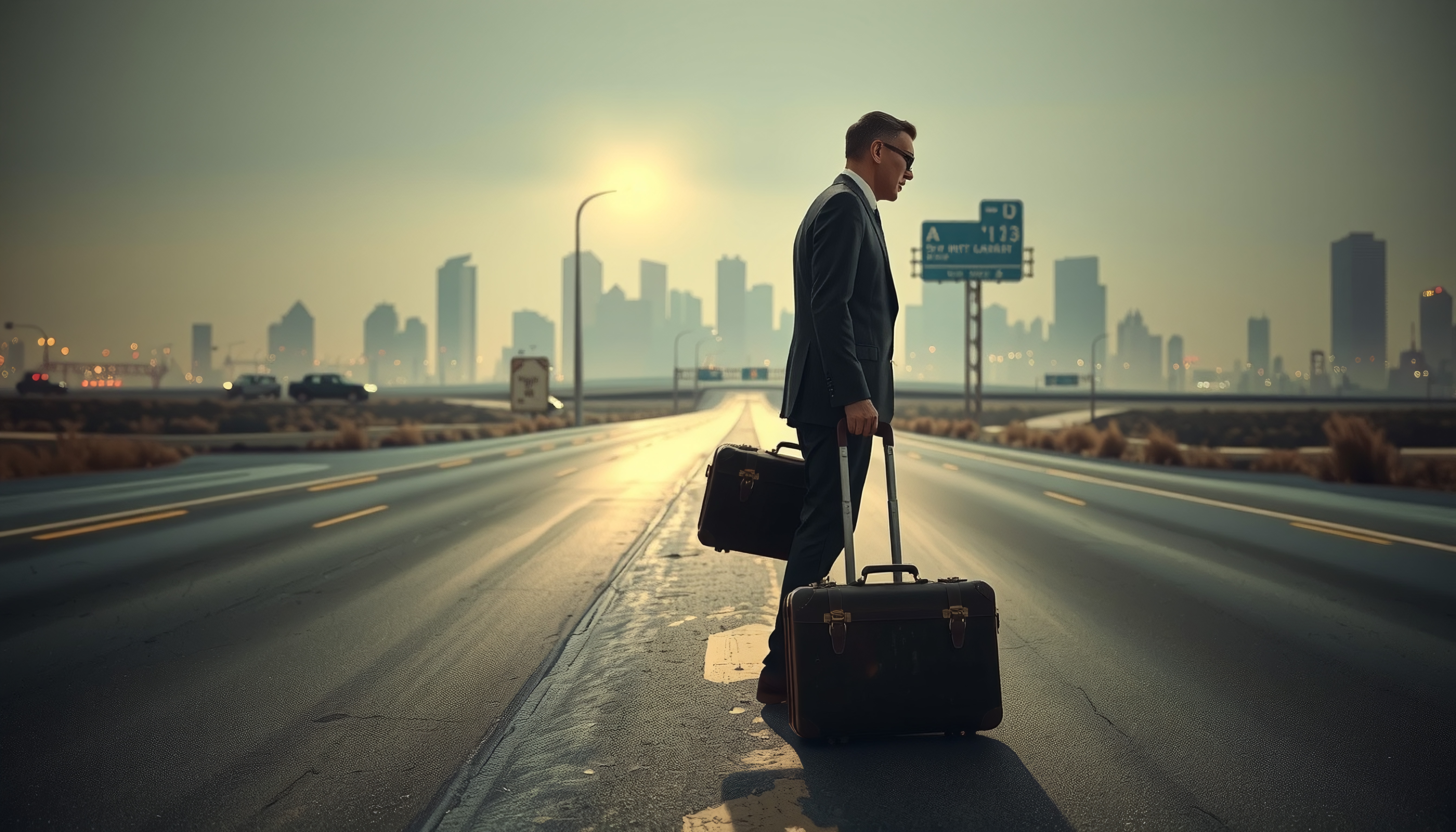 A businessman with vintage suitcases stands on an empty highway at sunset, city skyline in background.