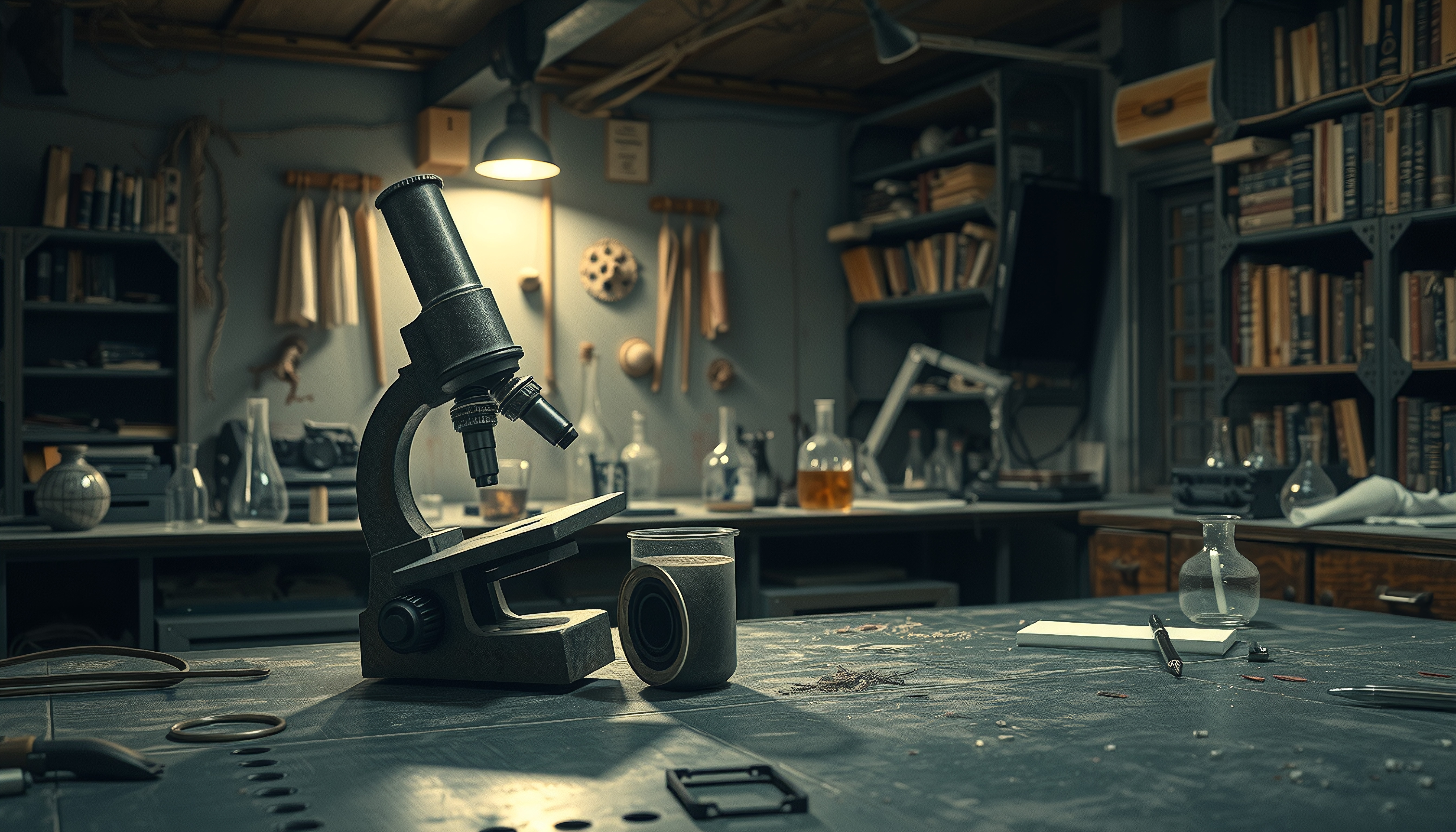 Vintage laboratory with microscope and scientific equipment on a wooden table.