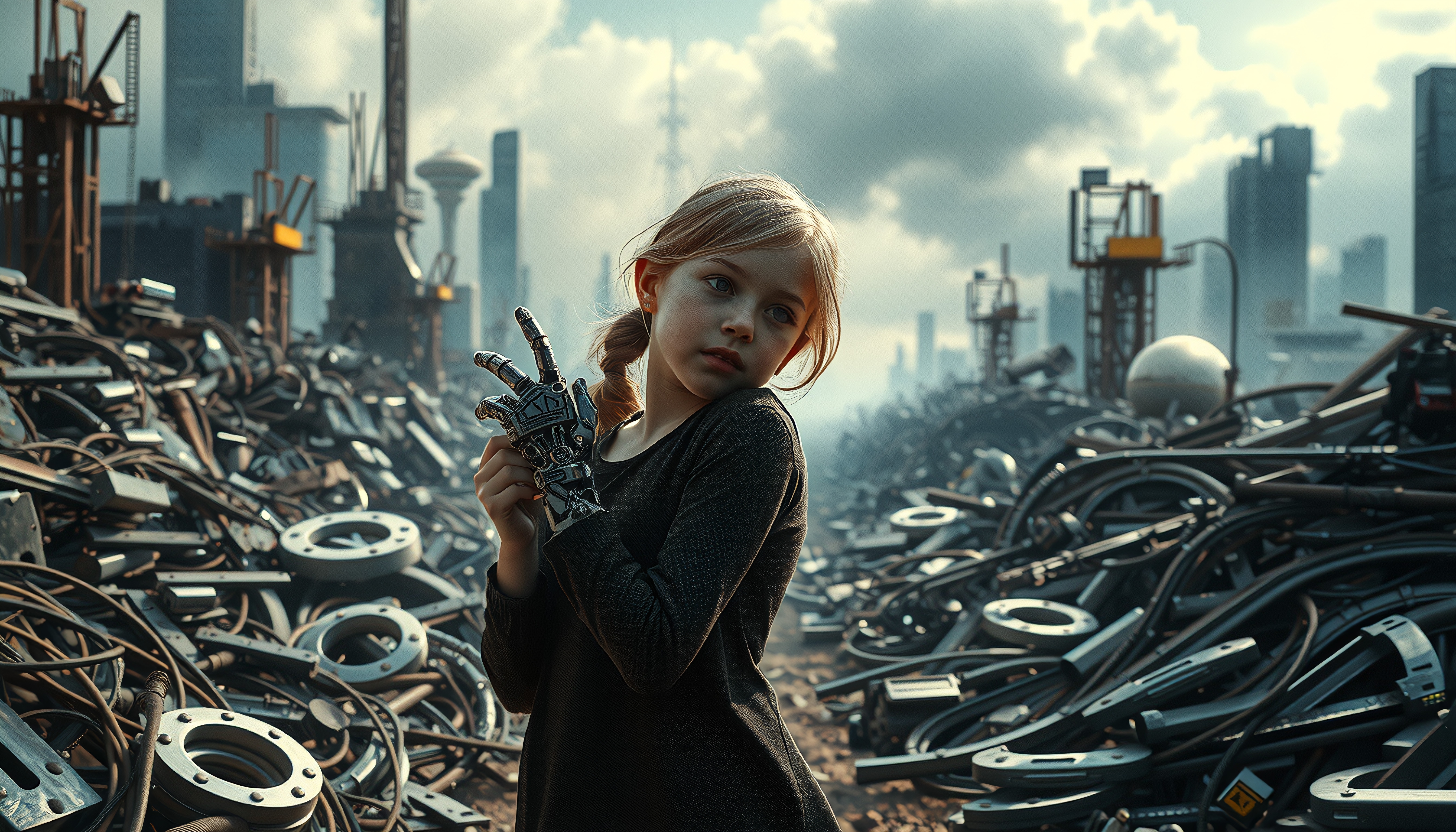 A young girl with a robotic hand stands amid industrial debris with a futuristic cityscape in the background.