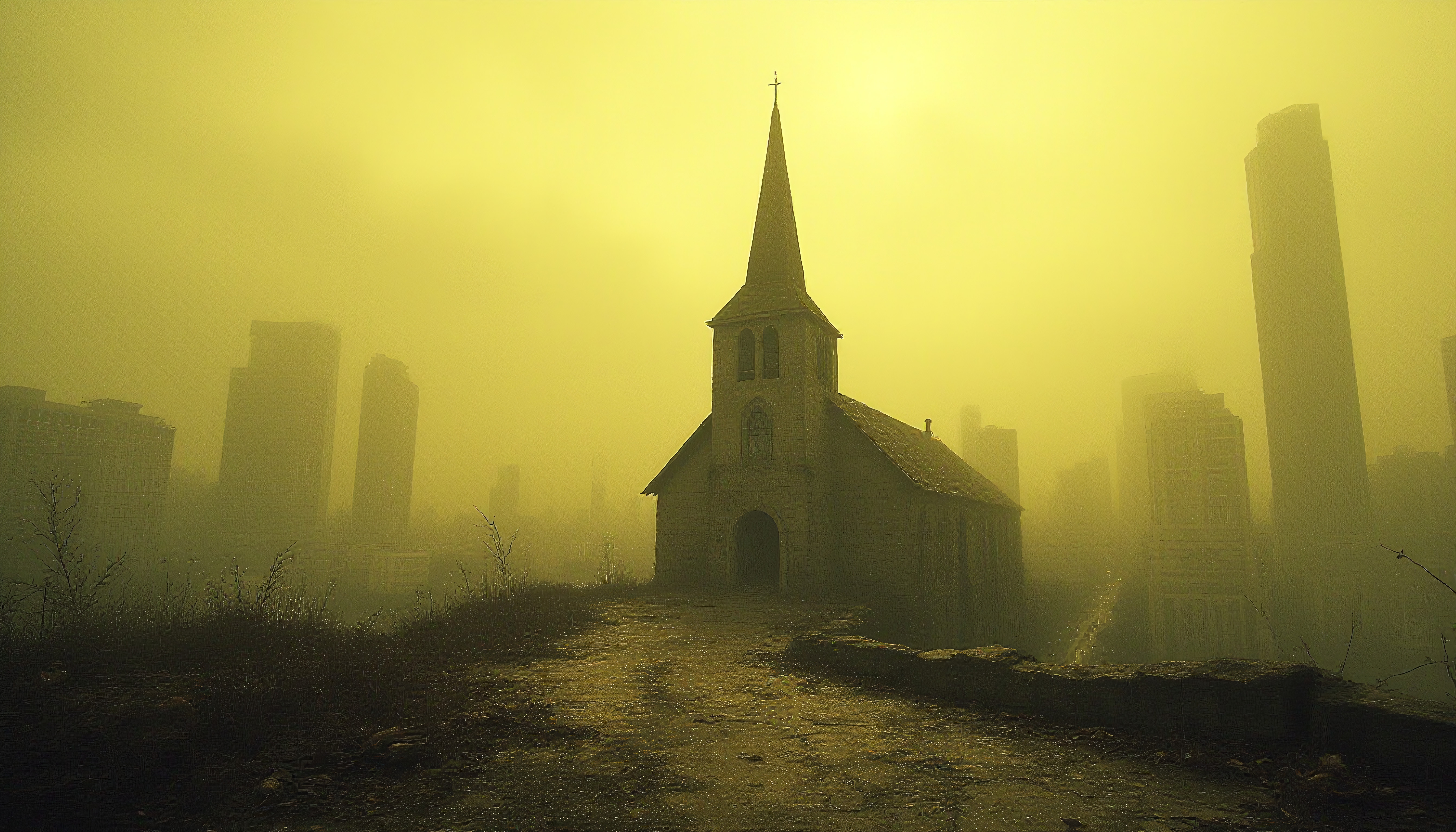 A solitary church silhouetted against a foggy cityscape, shrouded in a mysterious yellow light.