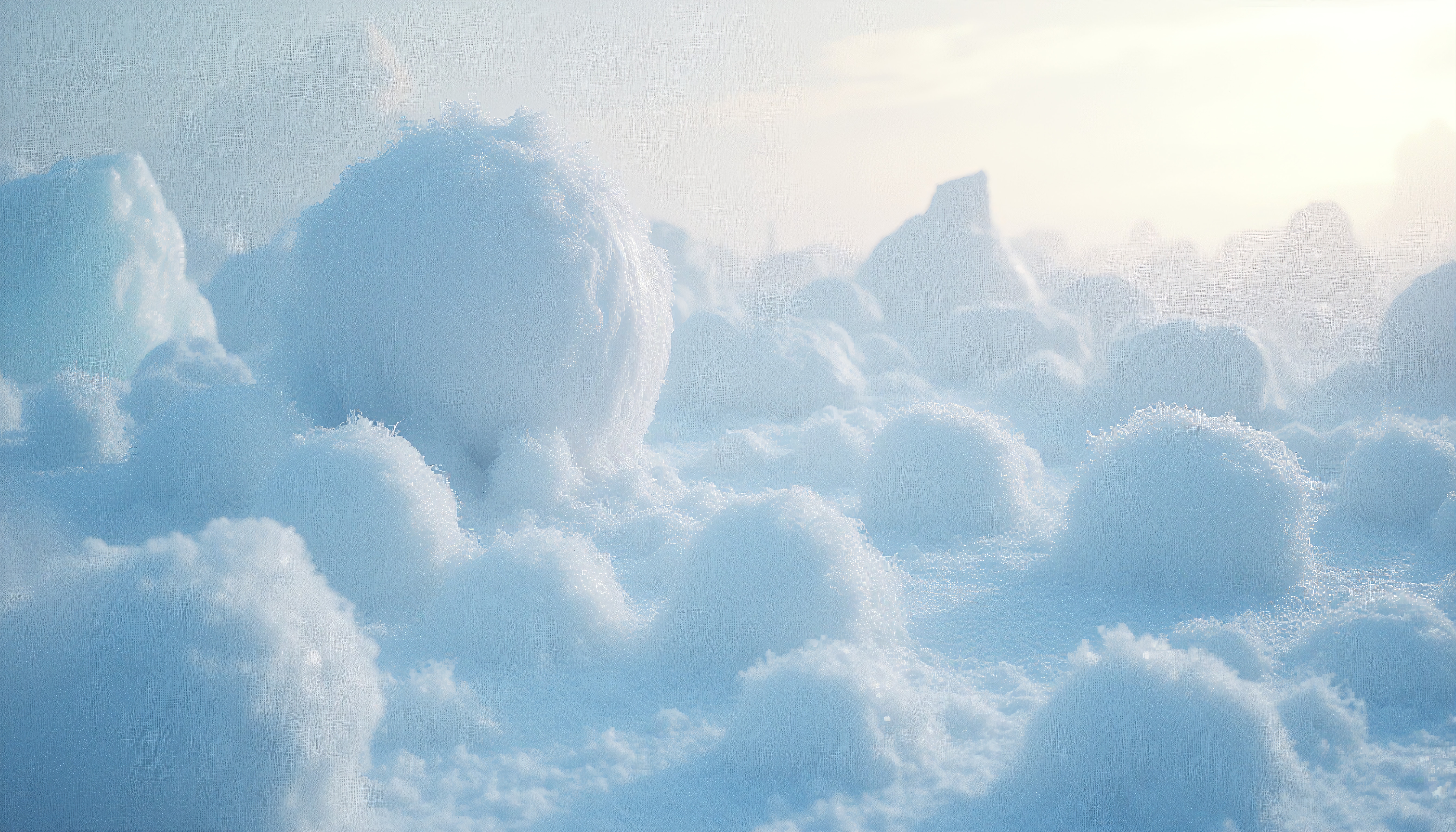 Beautiful snow-covered landscape with gentle snowballs illuminated by soft sunlight, creating a serene and tranquil winter scene.