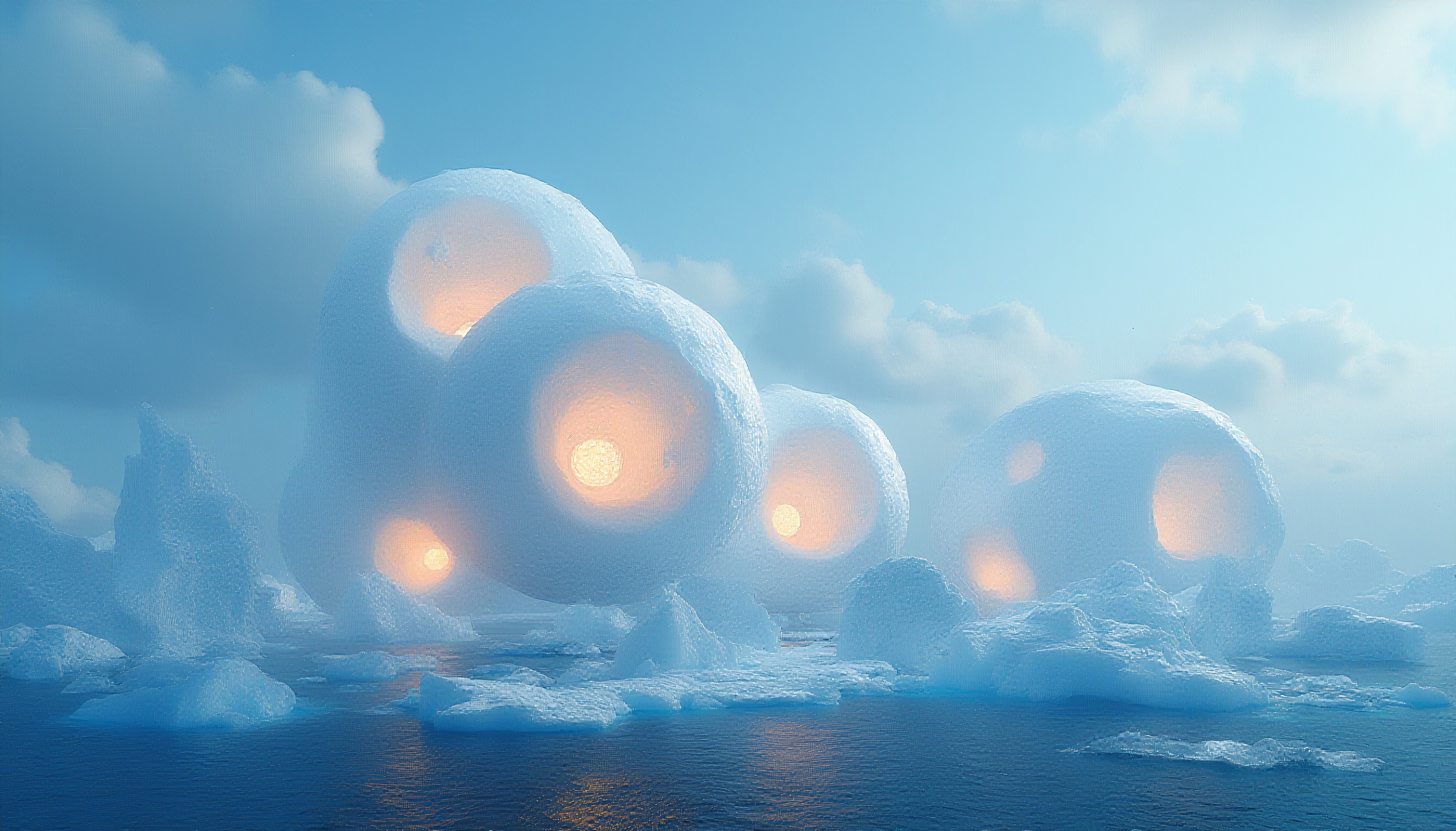 Surreal snowballs radiate warm light on icy sea.