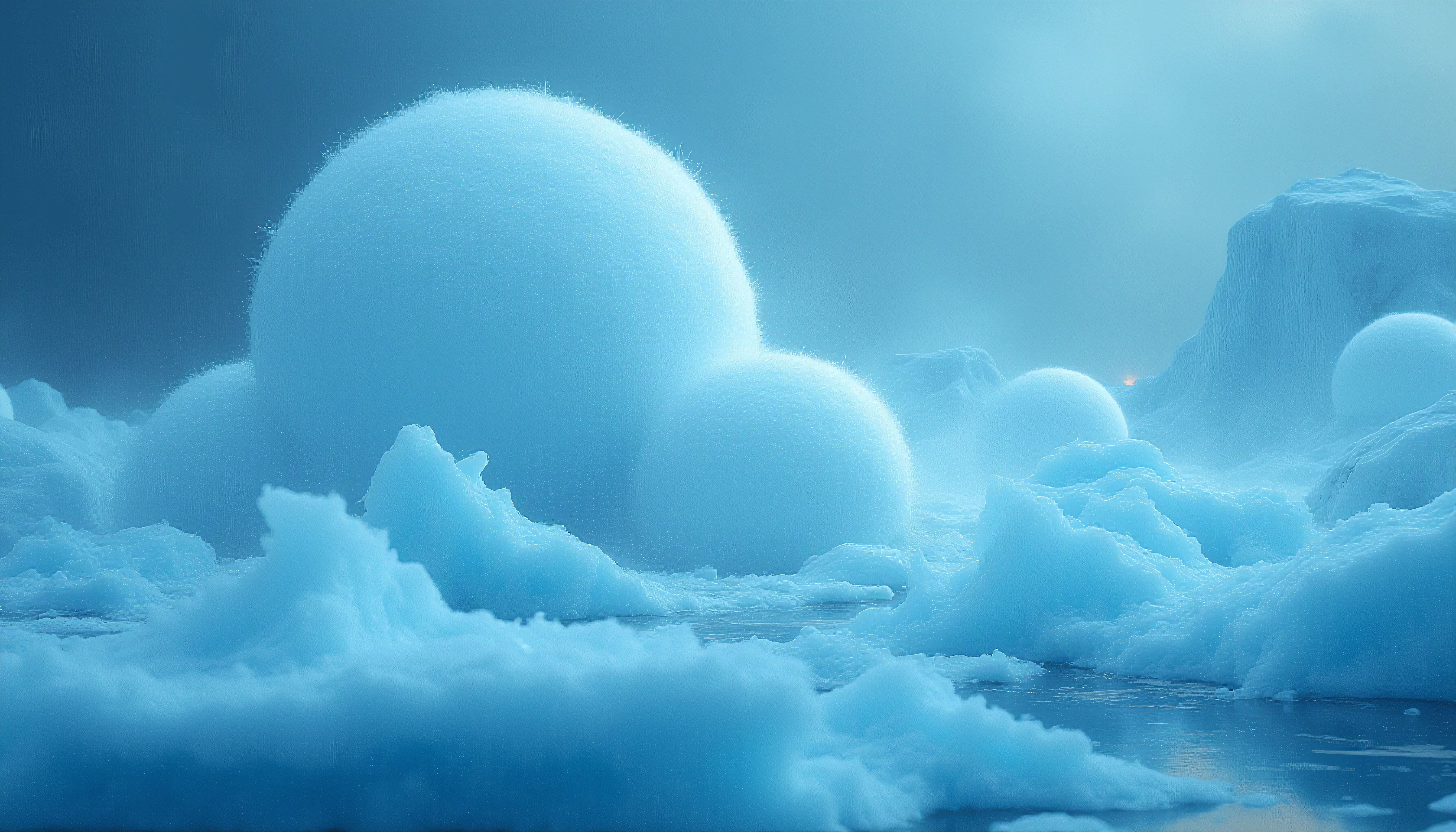 Round ice spheres on frozen landscape.