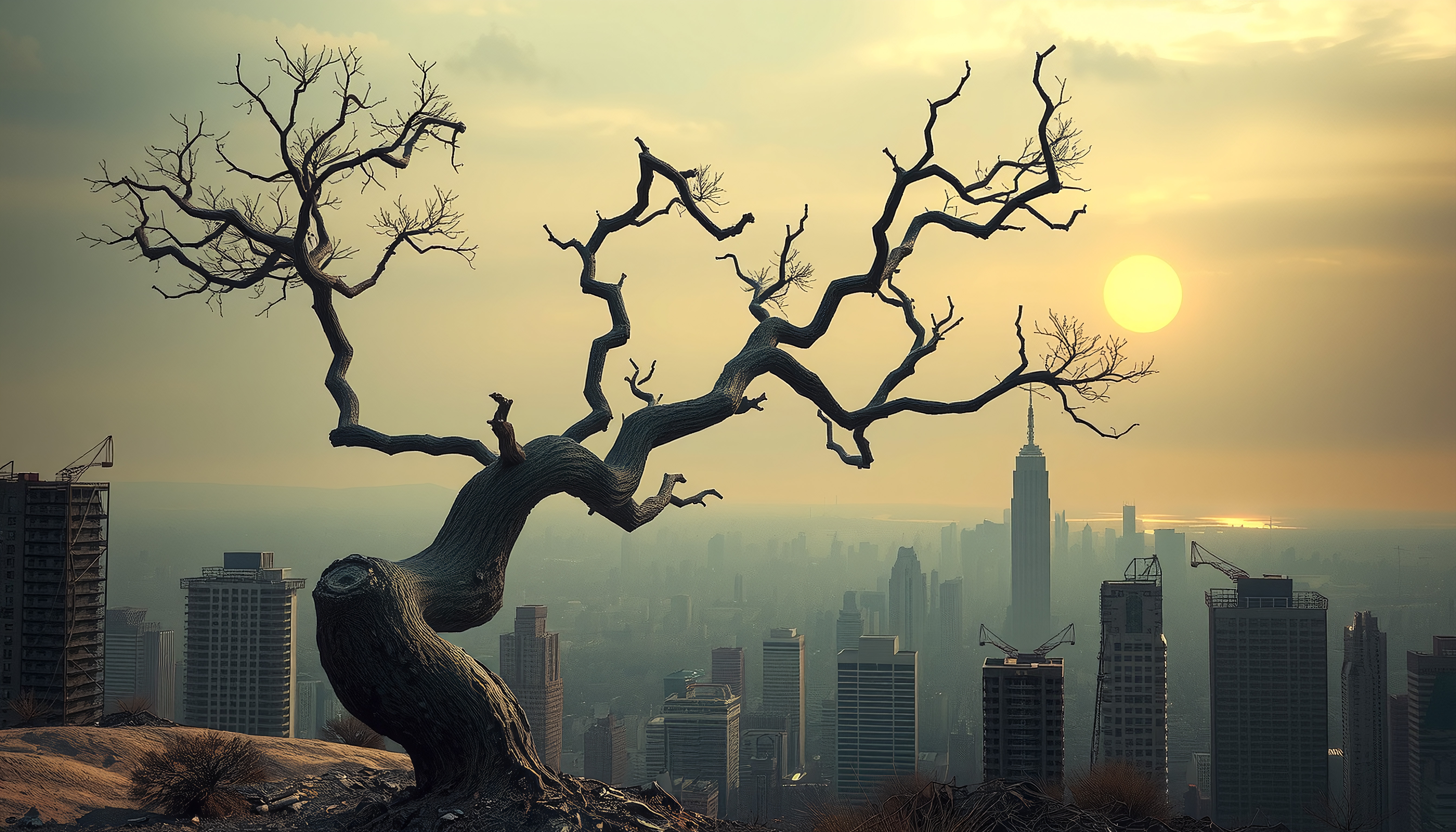A gnarled tree stands against a dramatic cityscape with a sunset sky, blending nature and urban elements.