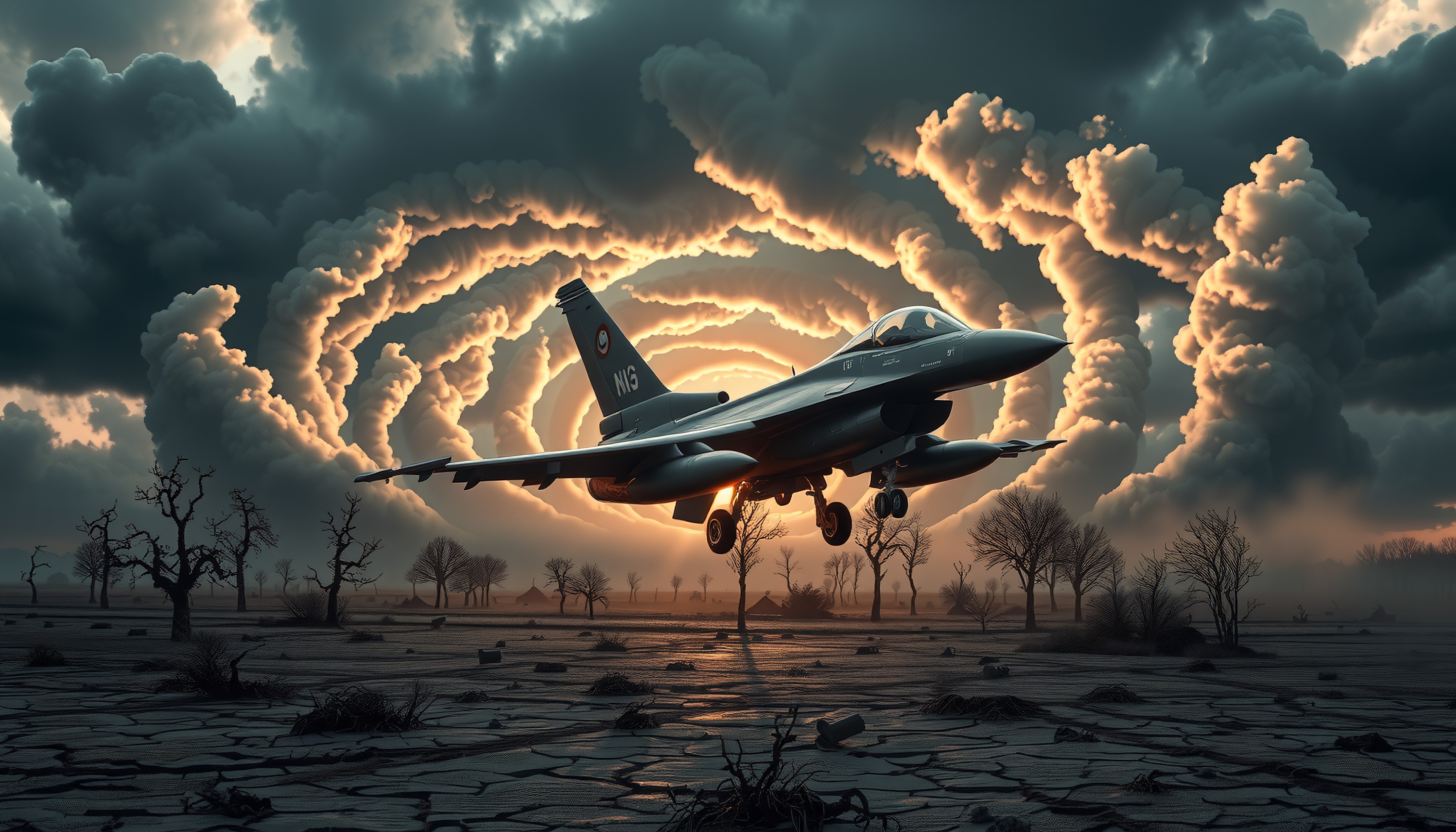 A fighter jet soars through swirling clouds over a barren, cracked landscape.