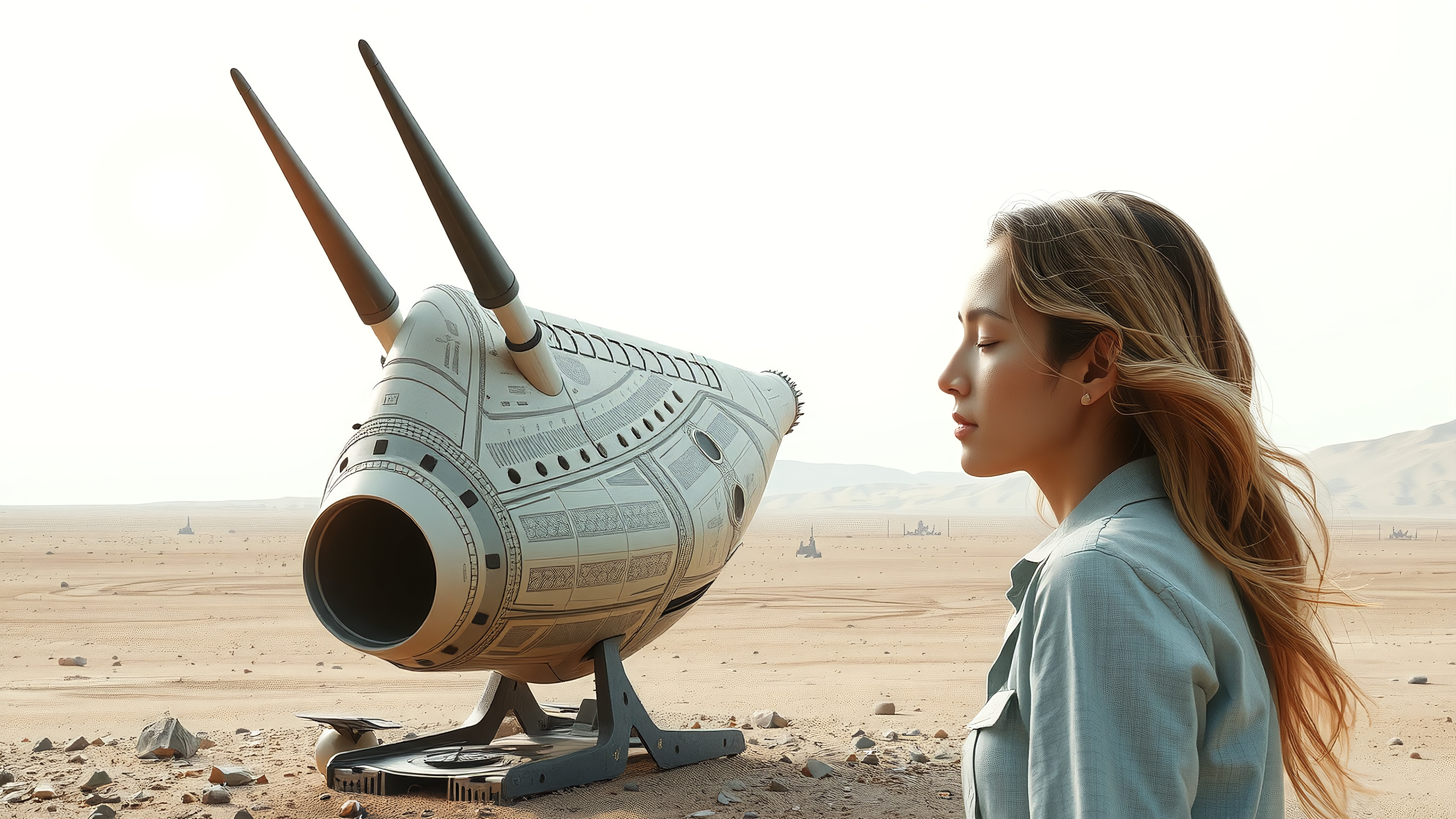 Woman Contemplating a Futuristic Spacecraft in a Vast Desert Lan