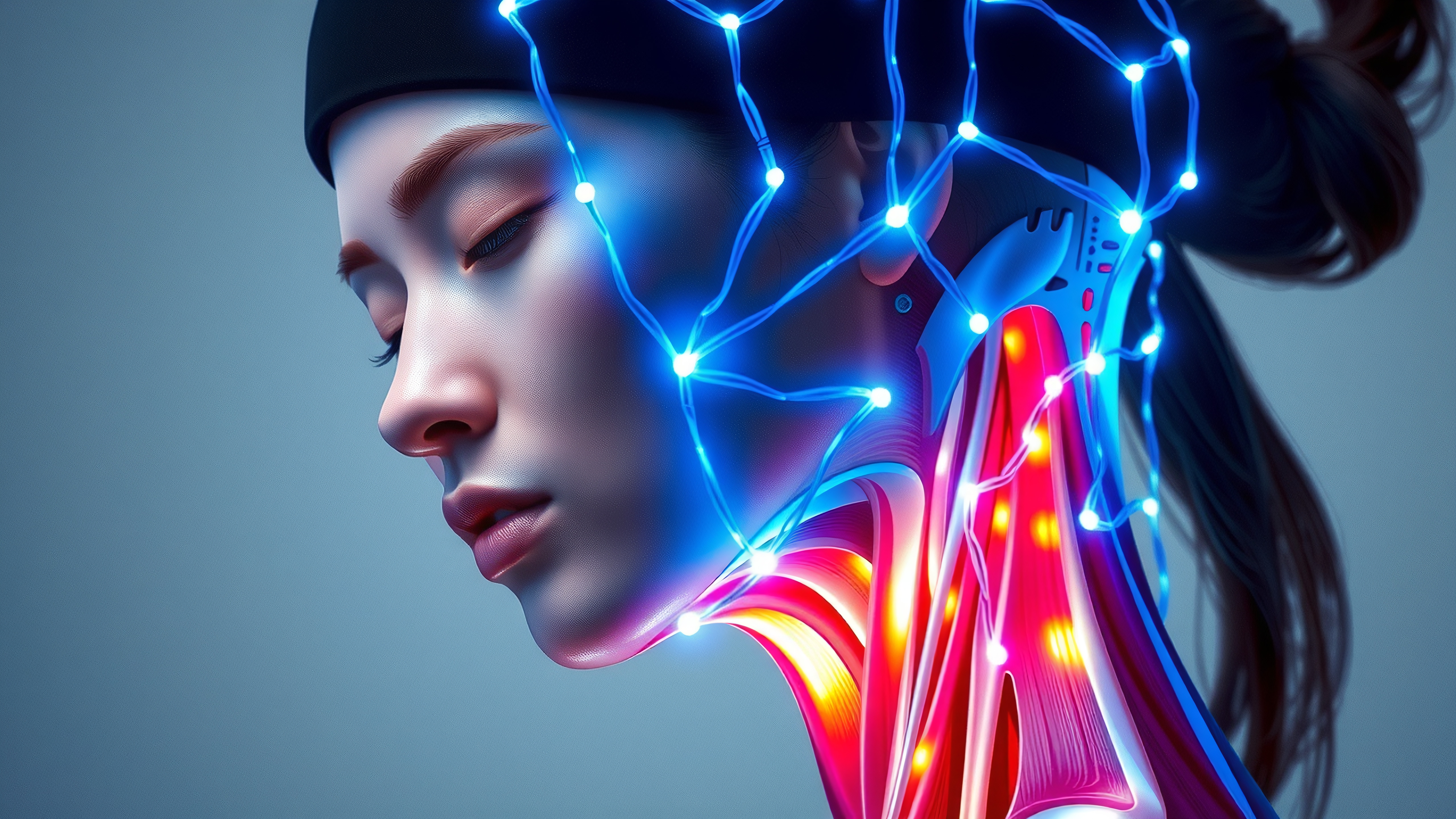 Futuristic portrait of a woman with glowing neon network lines.