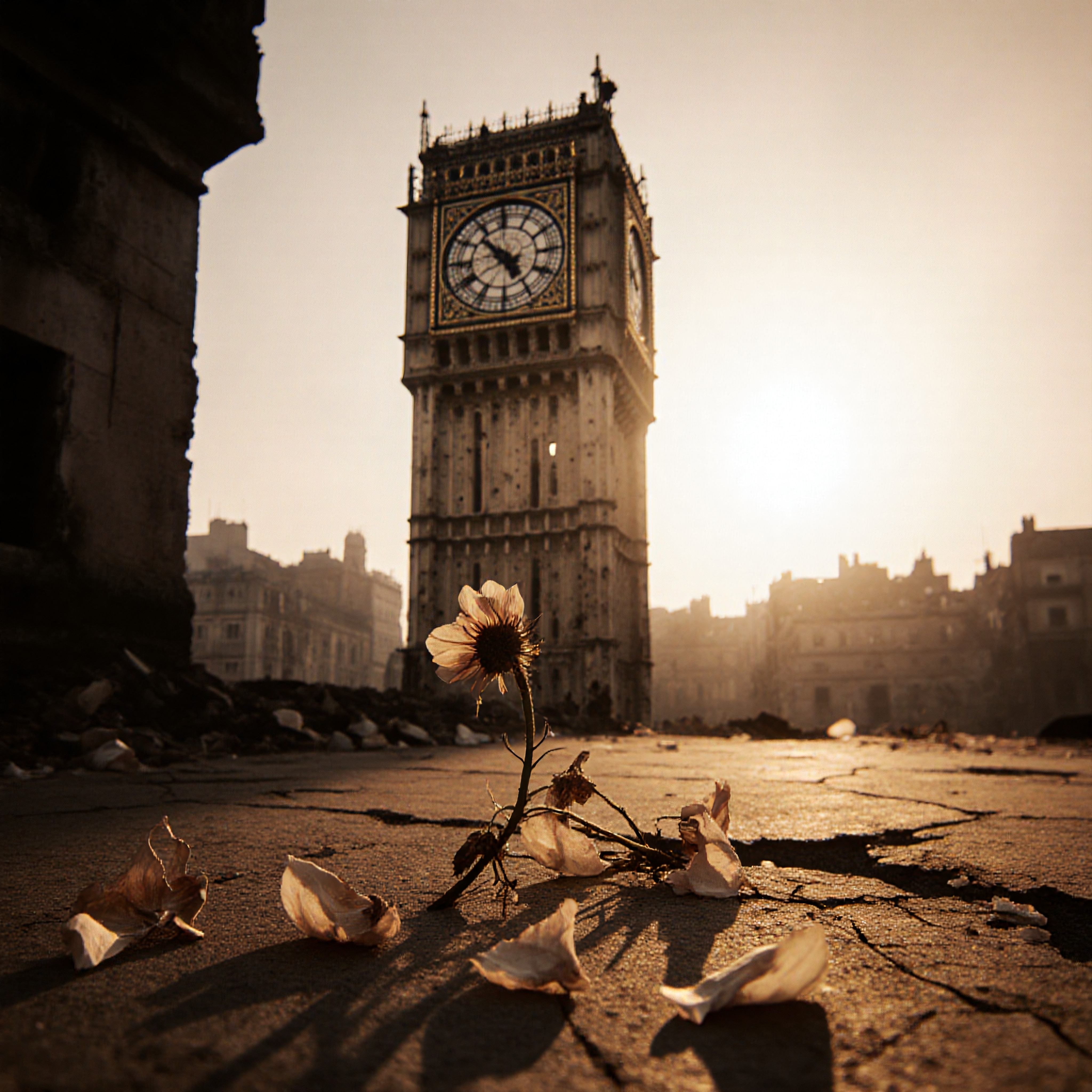 A solitary flower grows amidst decay, framed by a towering clock, symbolizing resilience.
