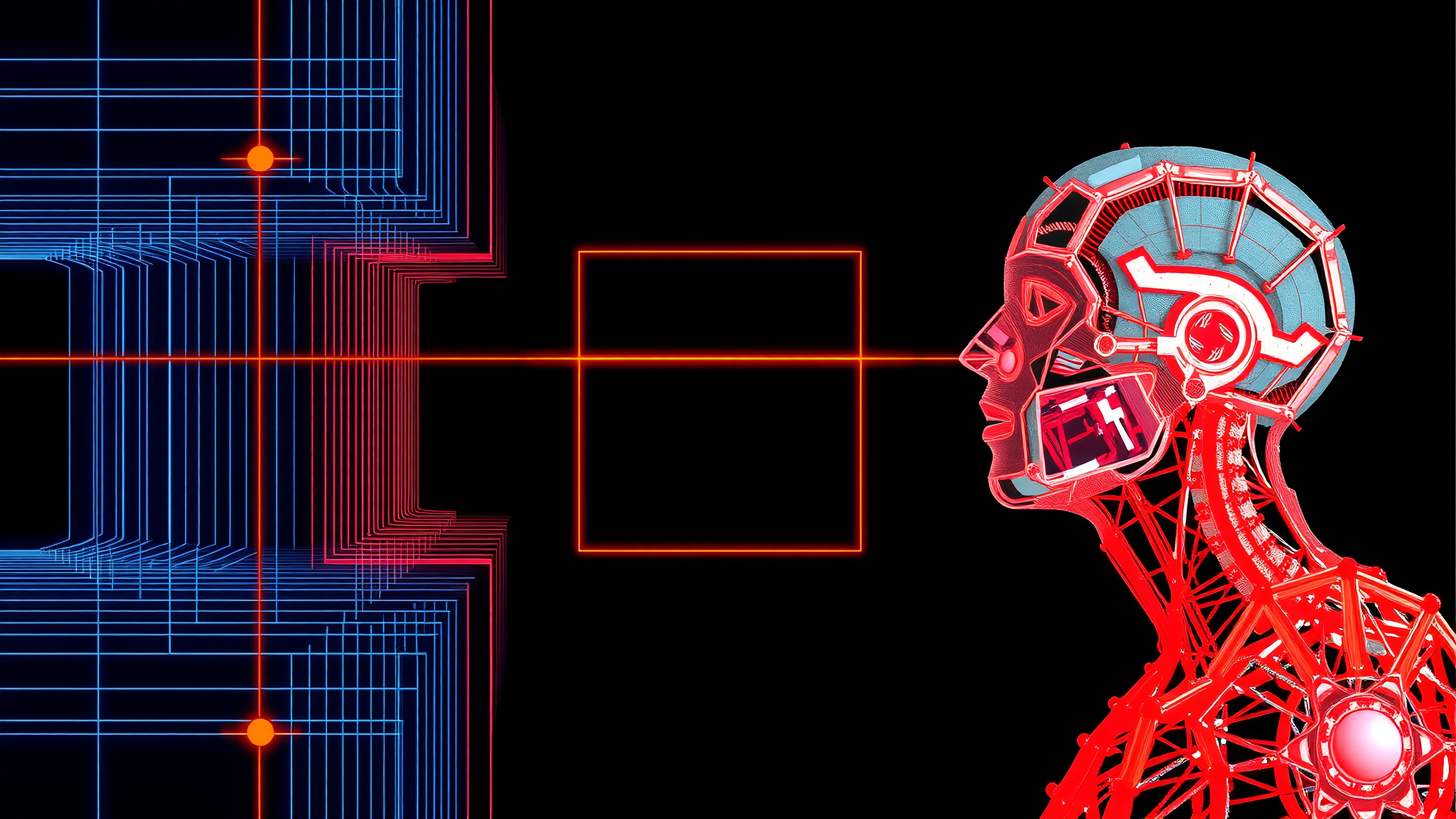 Futuristic illustration of a humanoid interface with intricate red and blue circuits and laser optics on a black background.