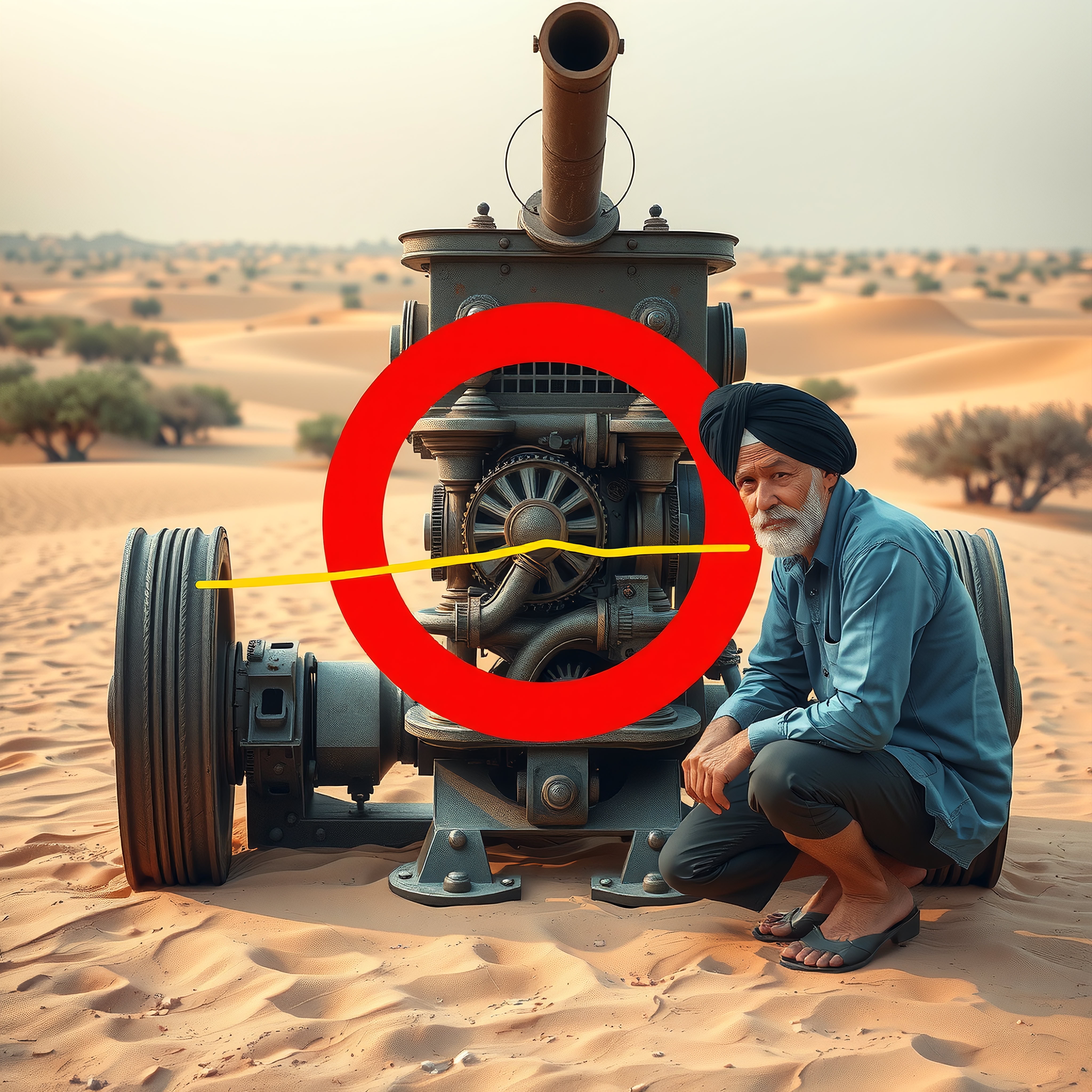A turbaned man examines industrial machinery in the desert.