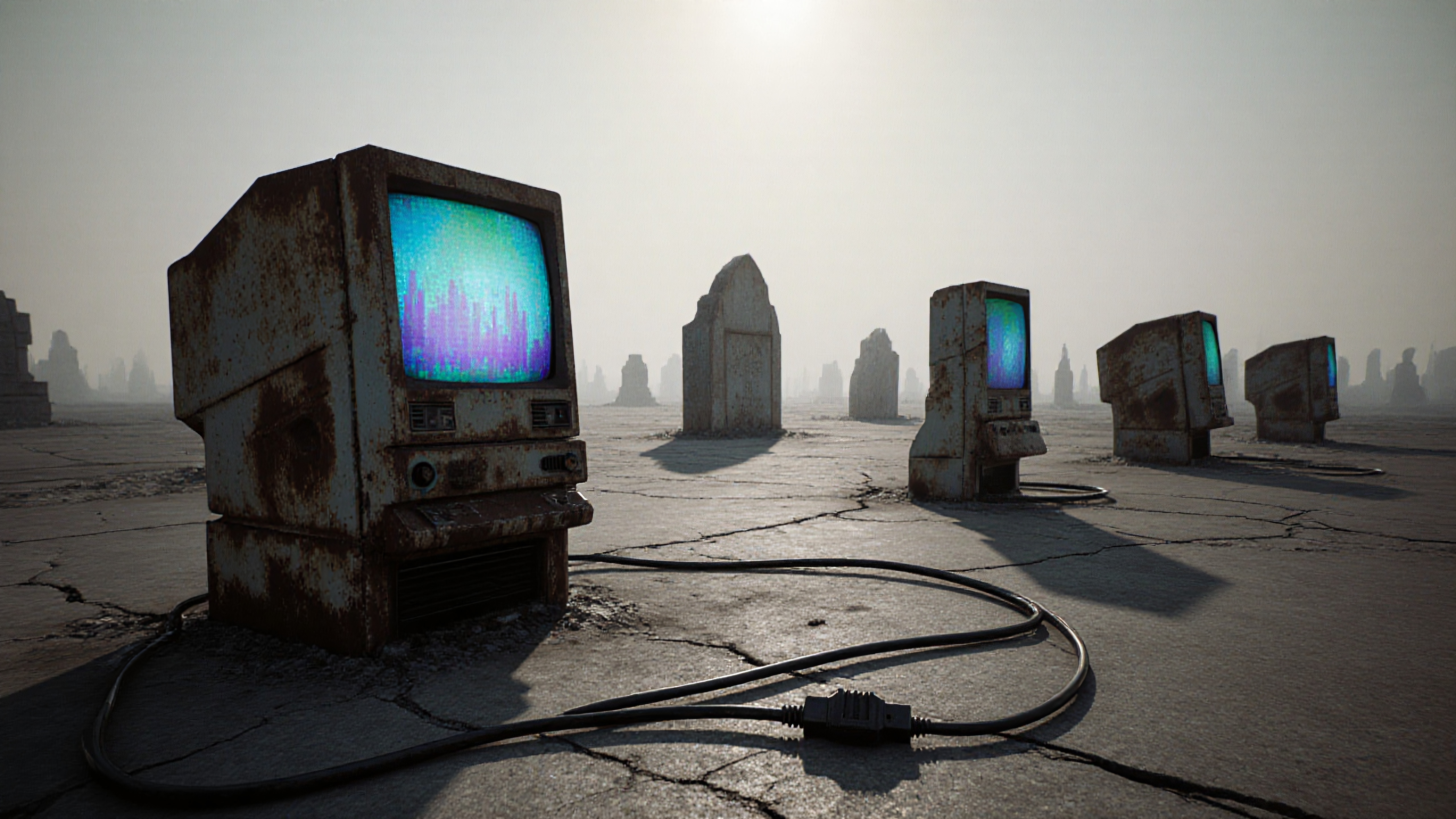 A set of rusted computers in a desolate landscape with colorful screens.