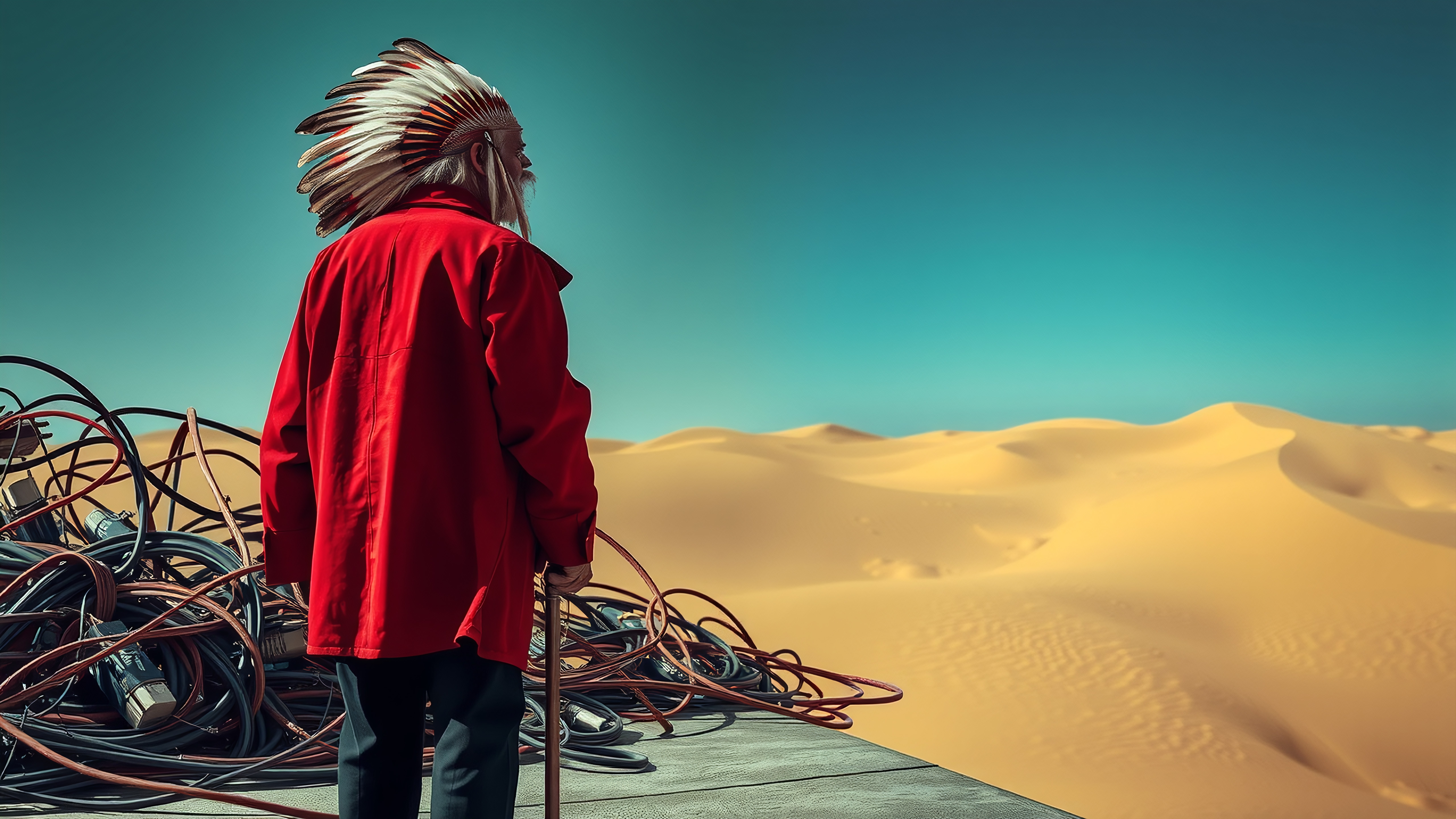 A person in a red coat and headdress contemplates a desert landscape beneath a vivid blue sky, standing next to tangled cables.