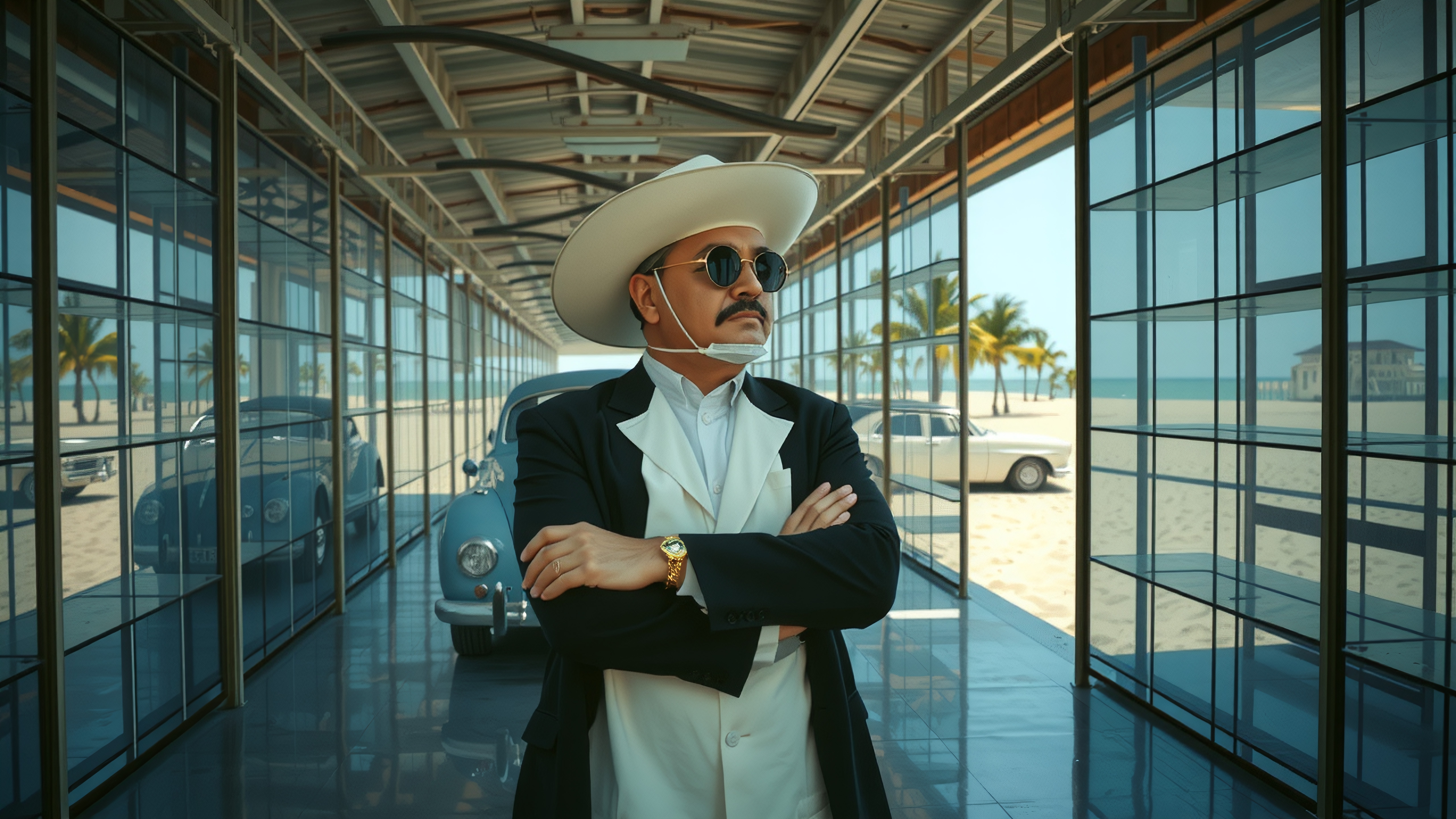 A confident man in a hat and sunglasses stands in a glass corridor with vintage cars and a beach view.