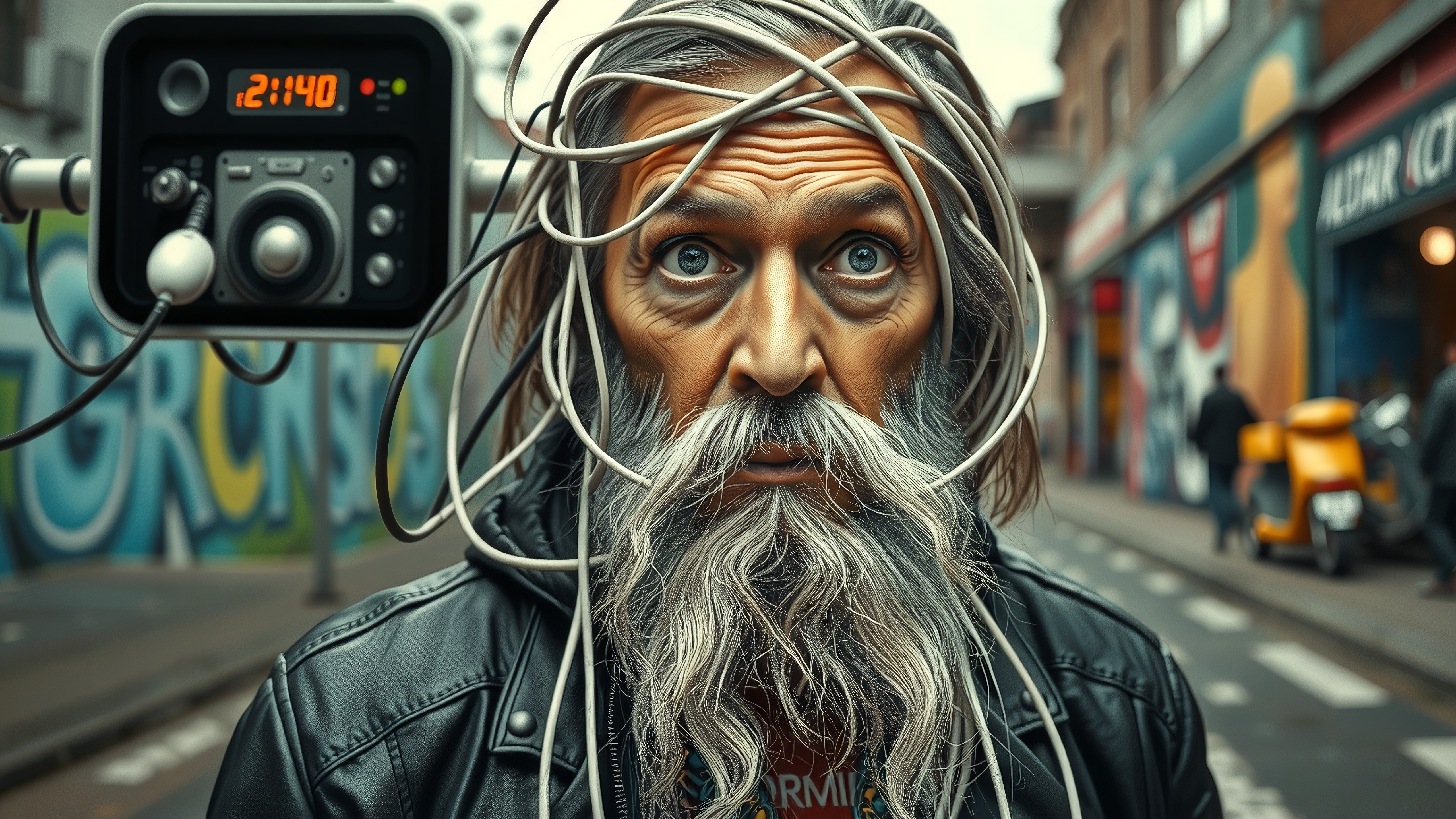 An elderly man entangled with wires stands in an urban graffiti setting, embodying a mix of technology and art.