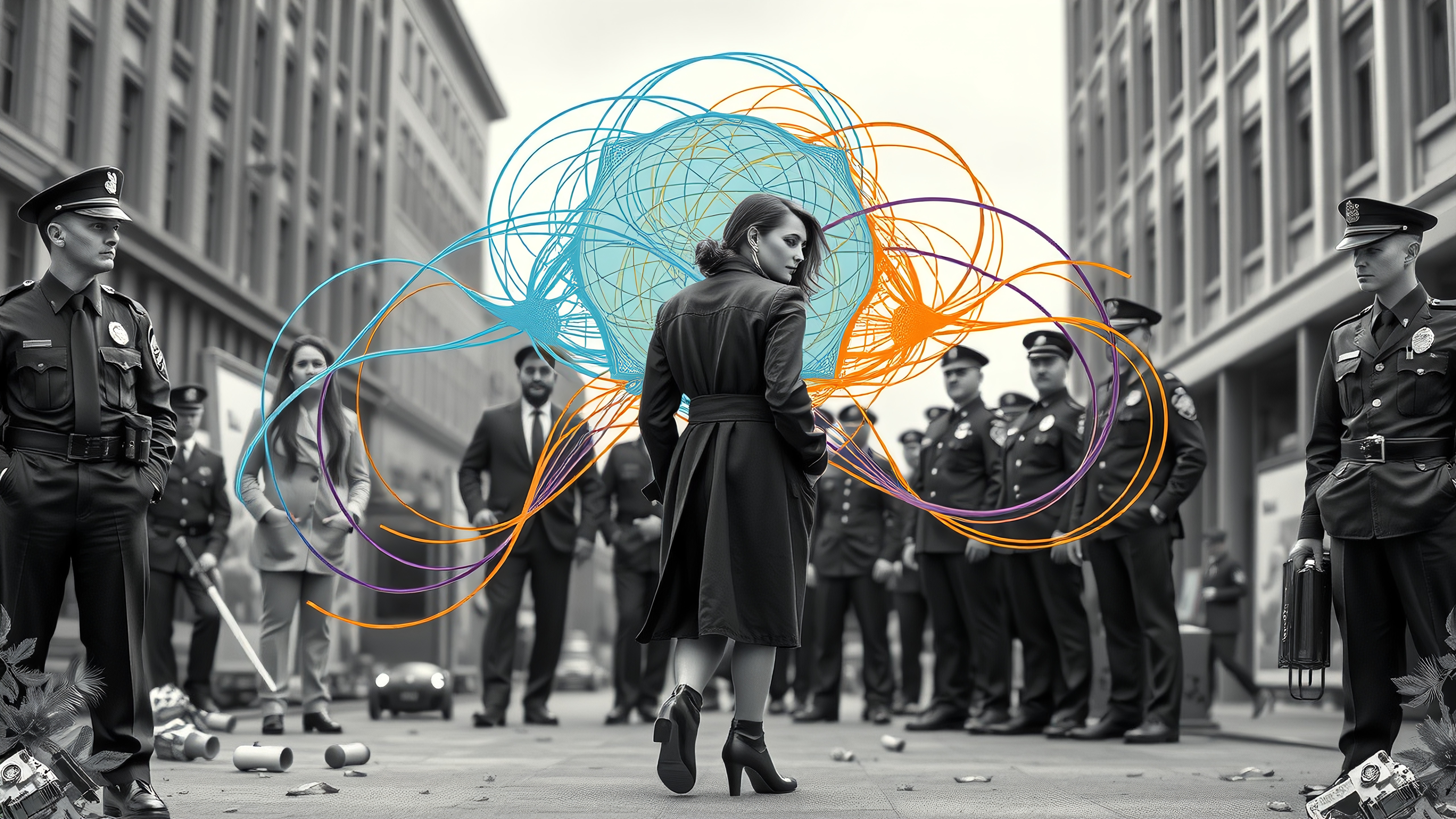 A woman confidently strides past a line of police officers on a city street, surrounded by vibrant abstract shapes.