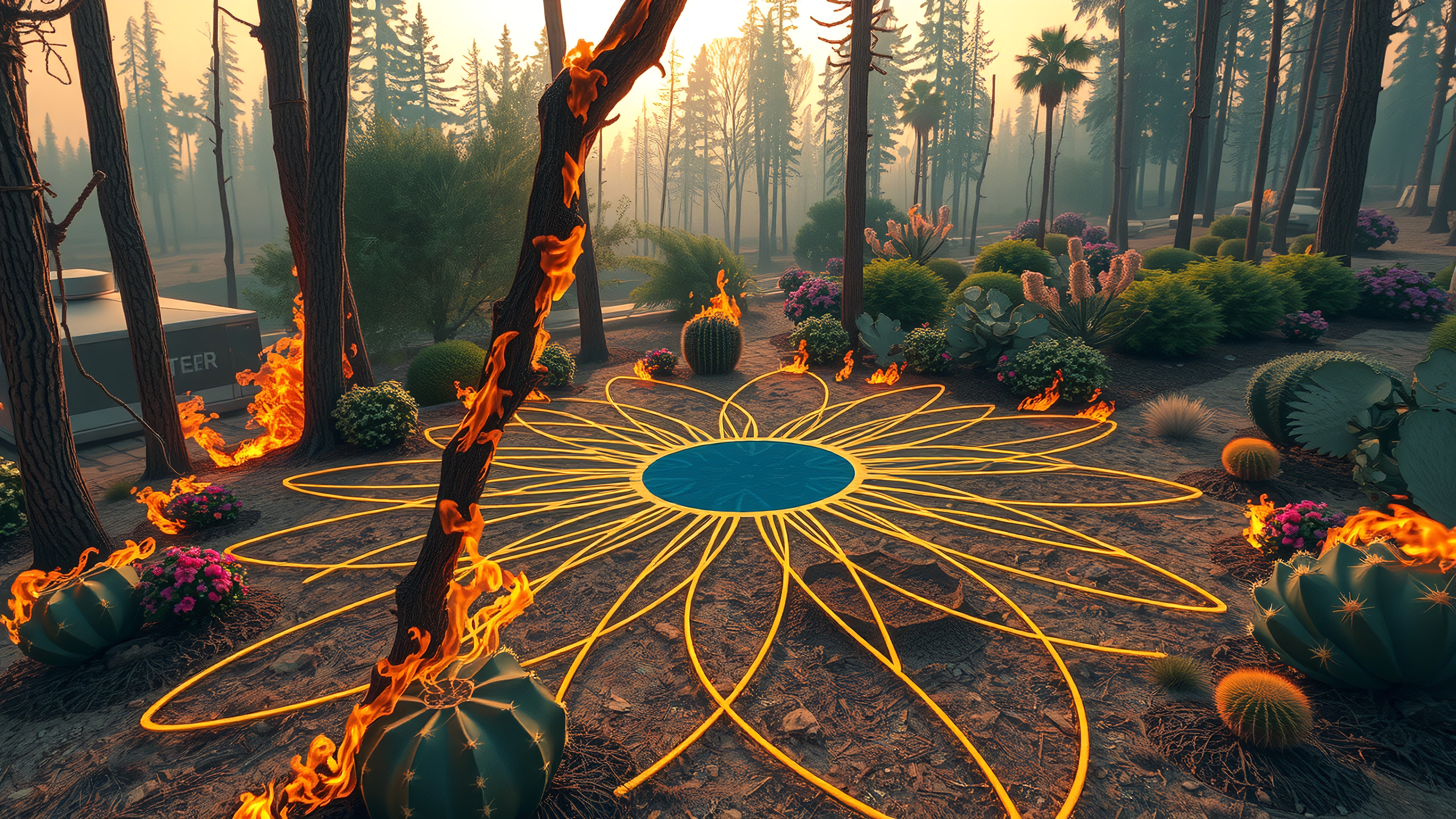 Dazzling geometric pattern amidst forest under glowing sunrise, with mystical flames and diverse plant life accentuating the enchanting scene.