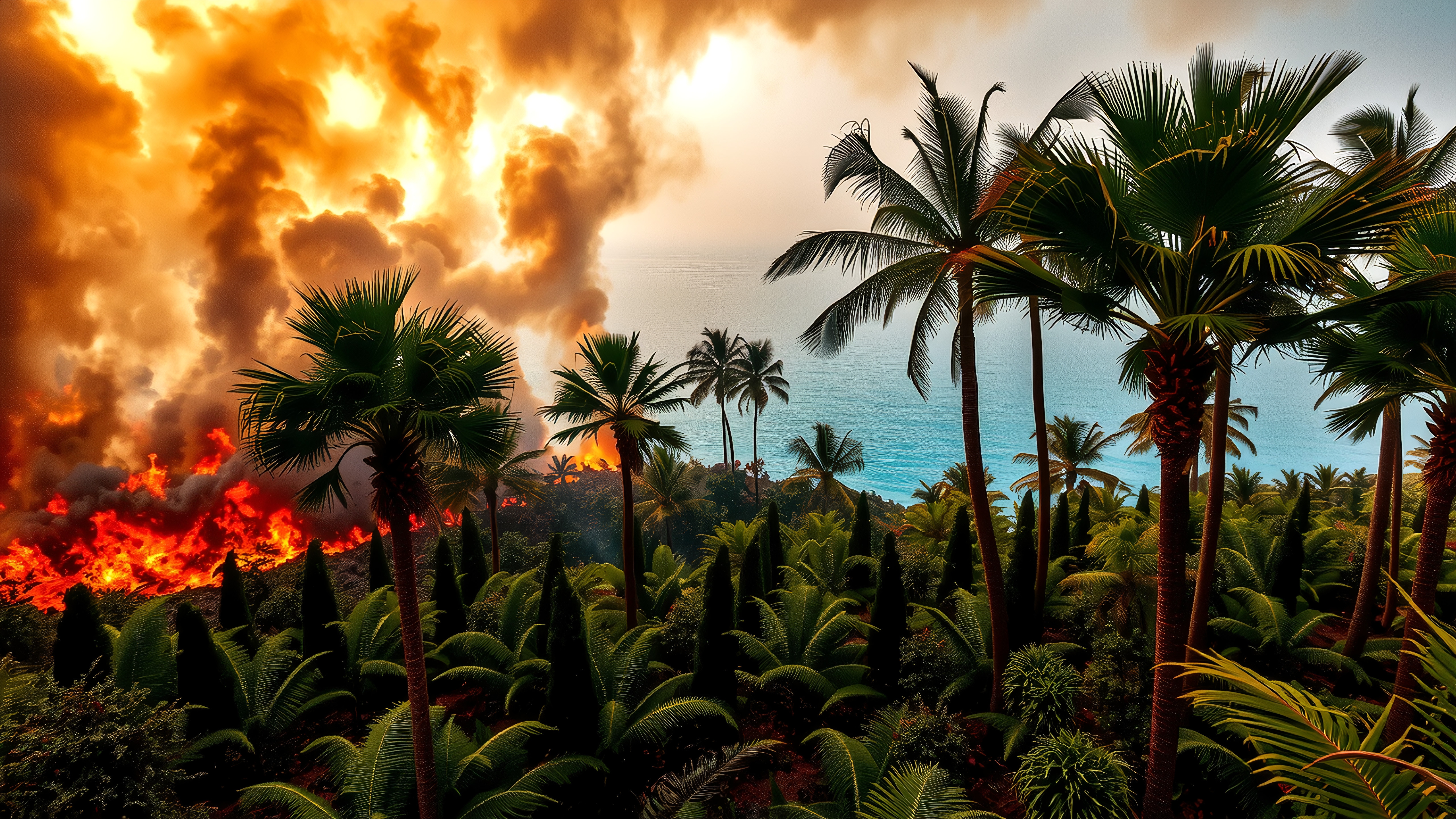 Dramatic wildfire over tropical forest near ocean.