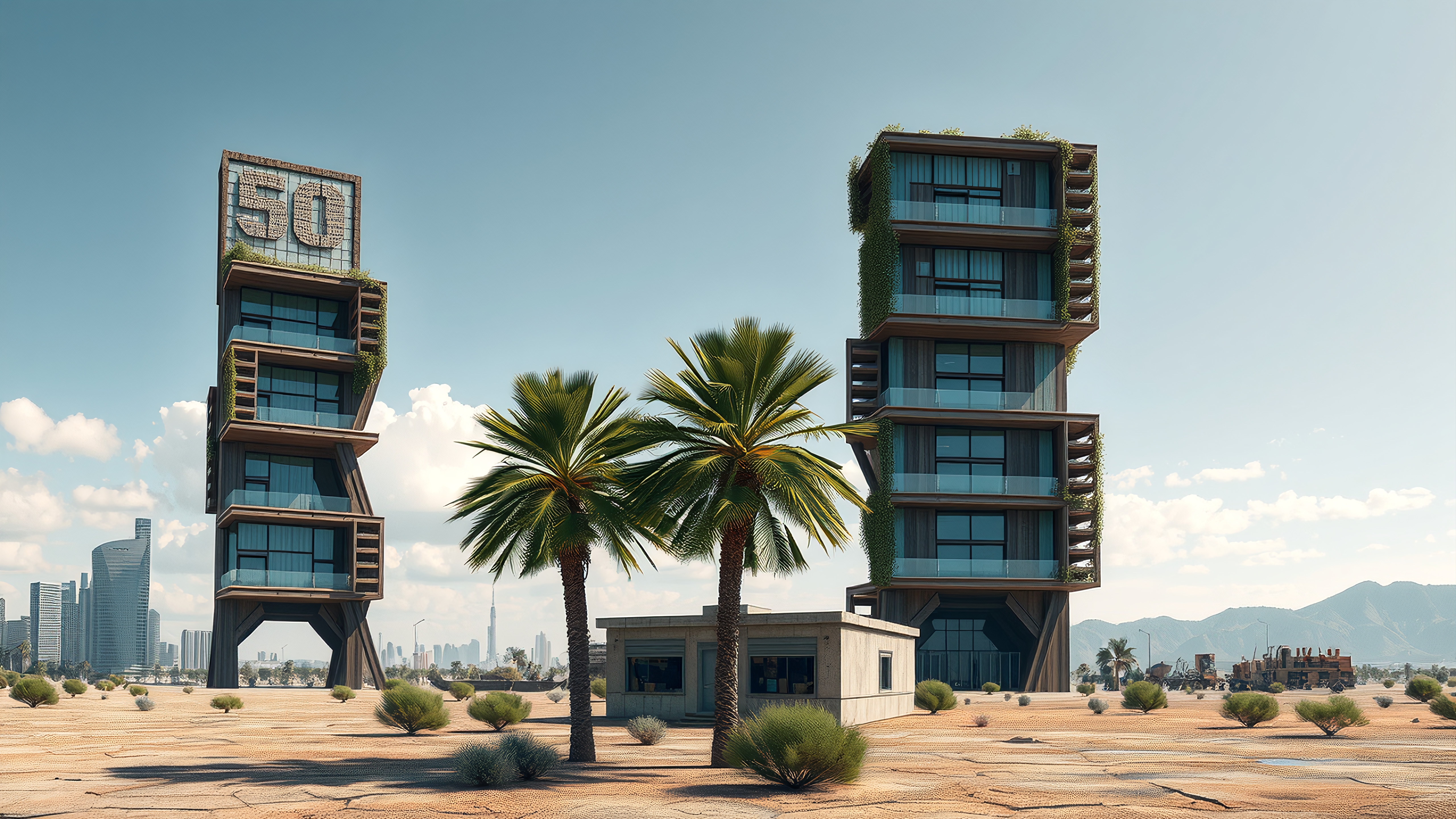 Futuristic desert landscape with modern towers, palm trees, and city skyline.