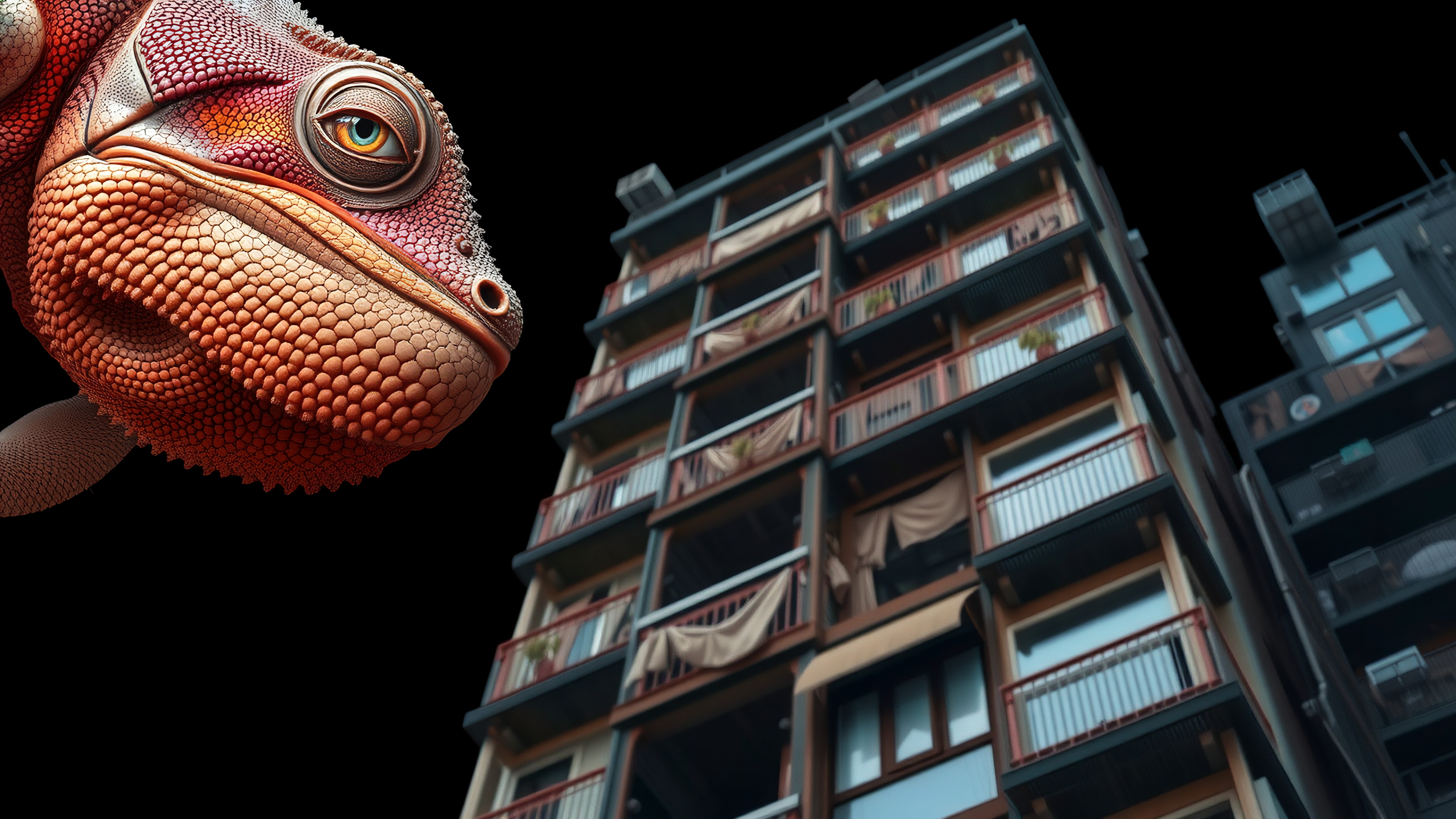 A massive lizard appears alongside an urban building in a surreal scene.