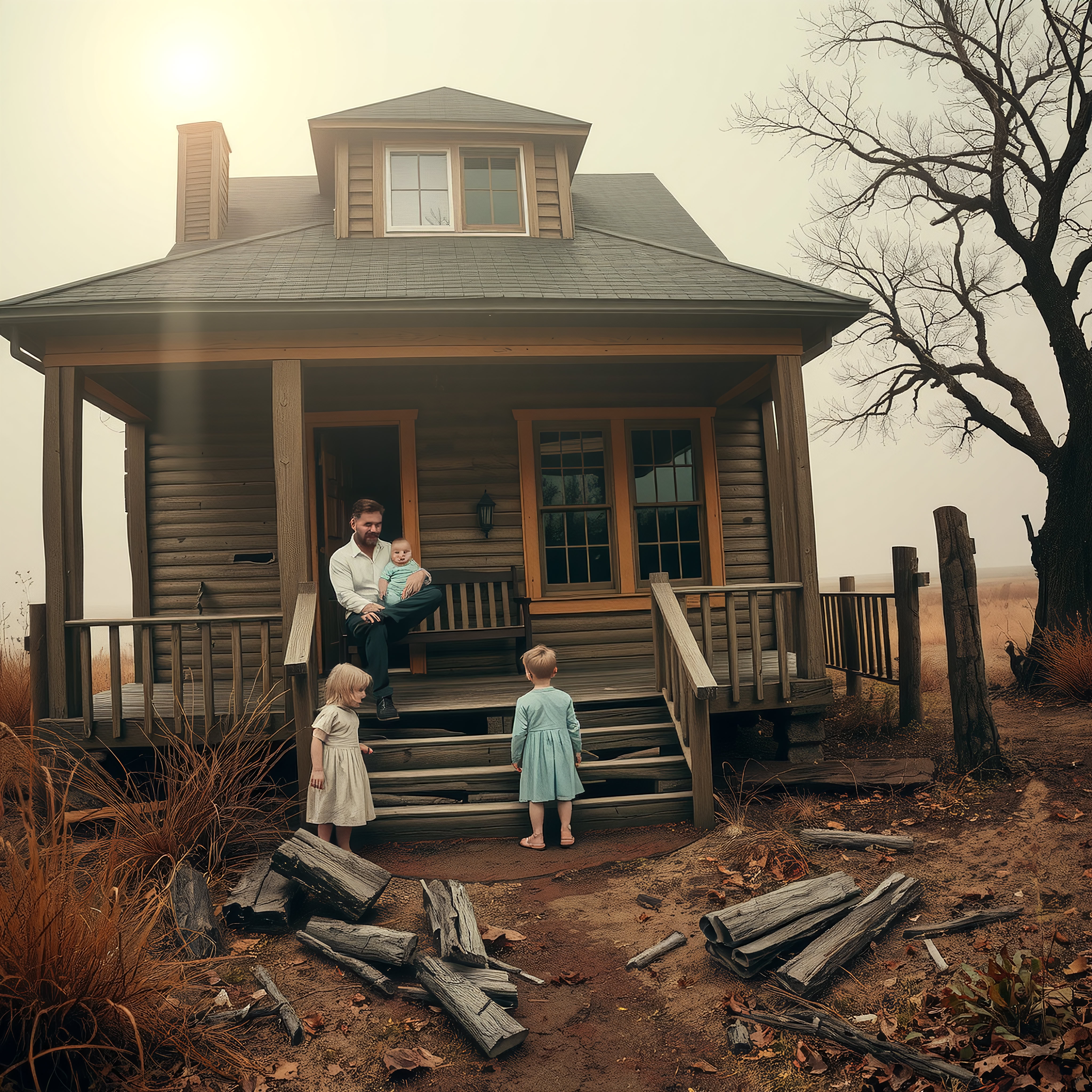 A father with three children on a rustic house porch under a sunny, hazy sky.