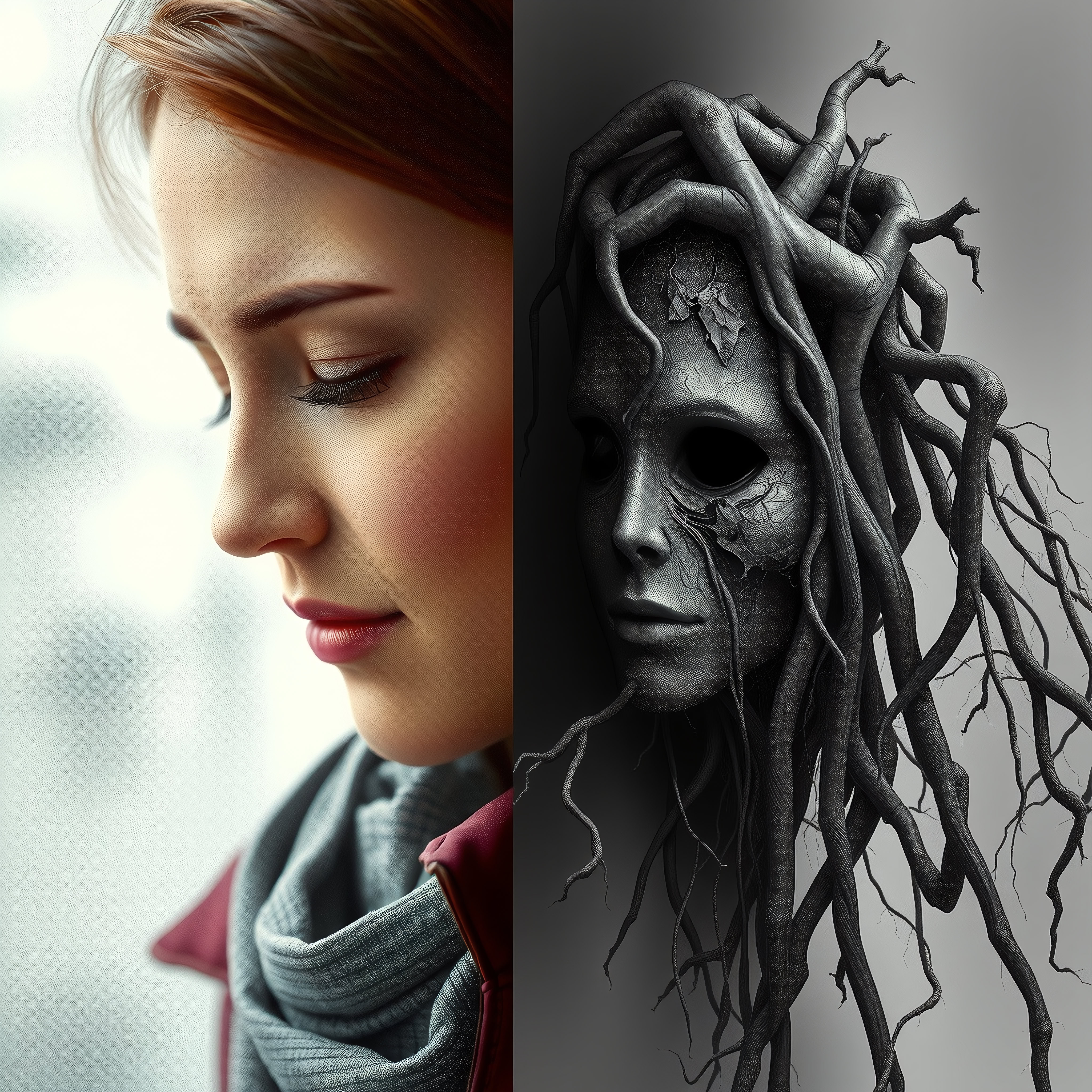 Young woman introspective beside surreal mask entwined with roots.