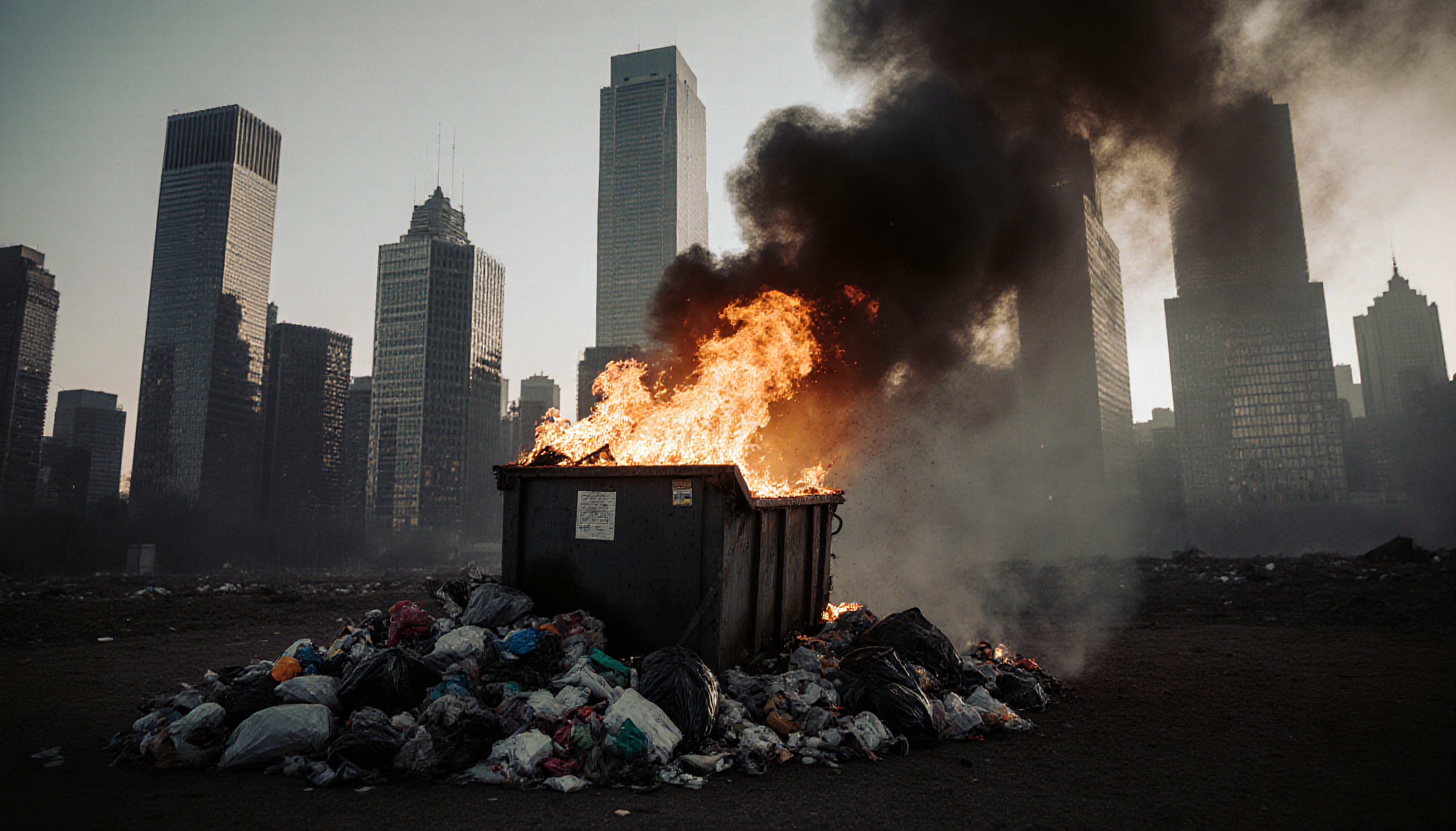 A dumpster fire emits flames and smoke against a city backdrop.